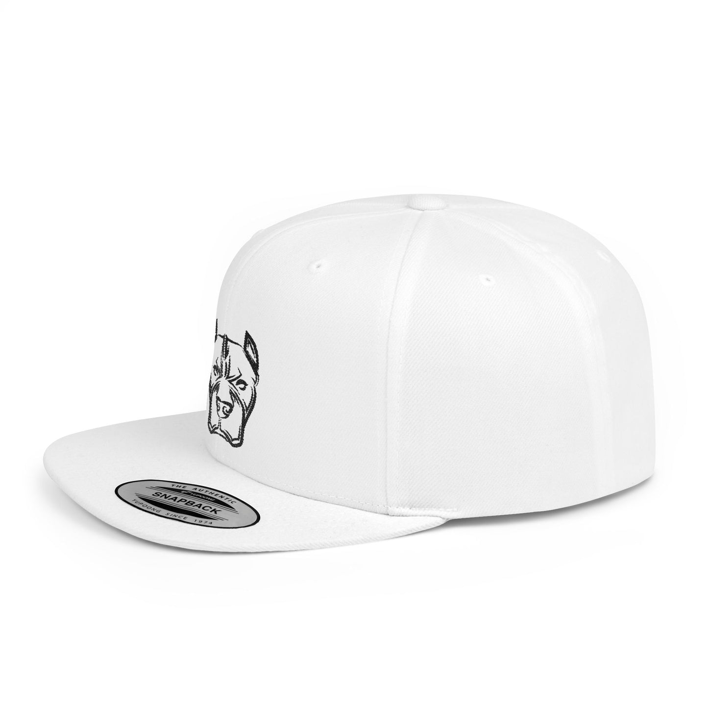 Pitbull Outline Flat Bill Snapback Hat — Minimal Embroidered Dog Face Cap