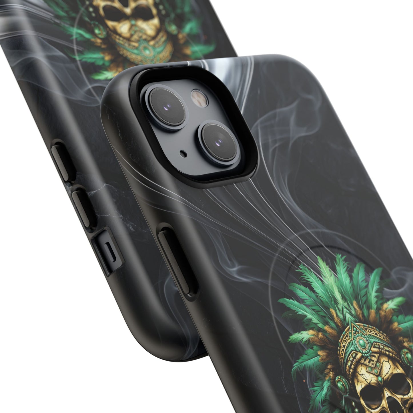 Skull Chief Magnetic Phone Case — Protective Tough iPhone Cover with Green Feather Headdress Design