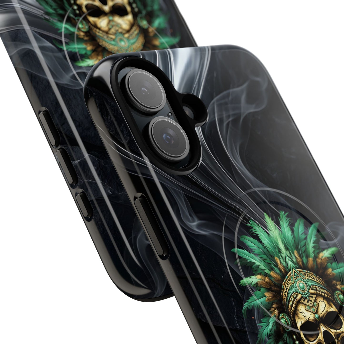Skull Chief Magnetic Phone Case — Protective Tough iPhone Cover with Green Feather Headdress Design