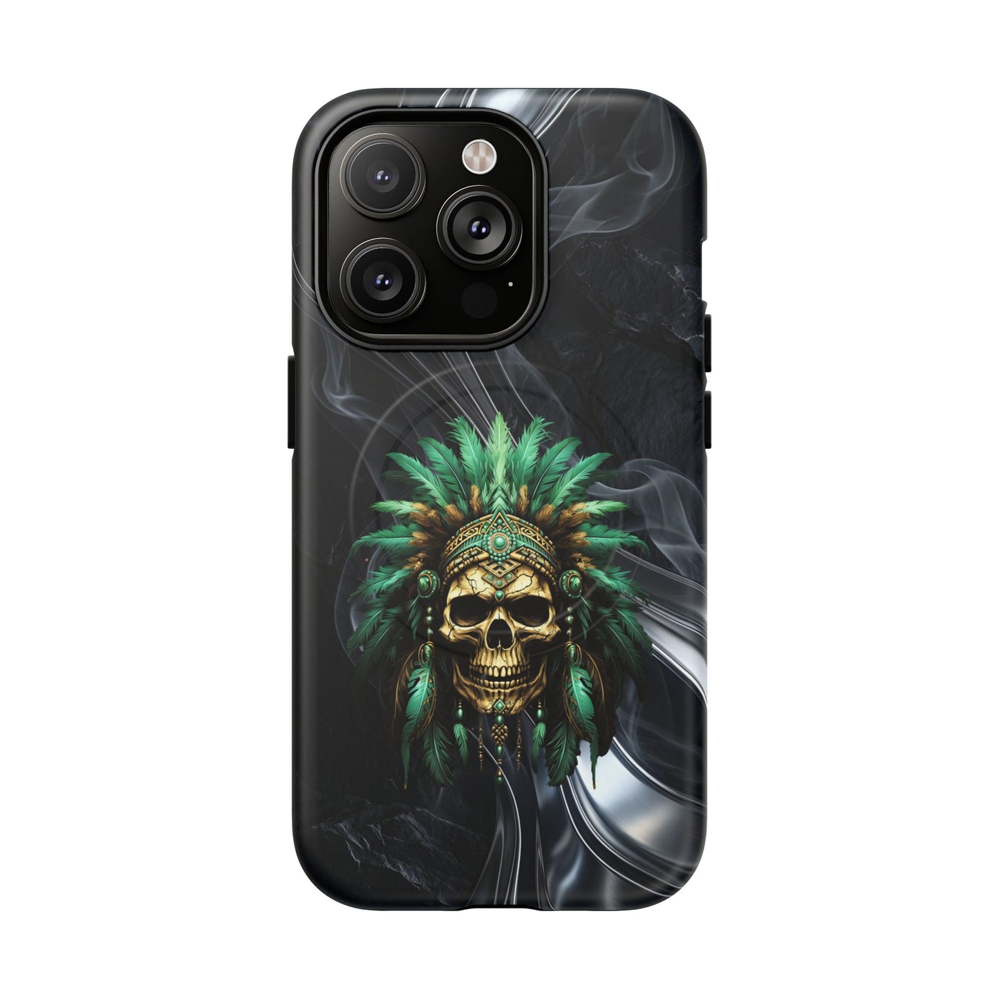 Skull Chief Magnetic Phone Case — Protective Tough iPhone Cover with Green Feather Headdress Design
