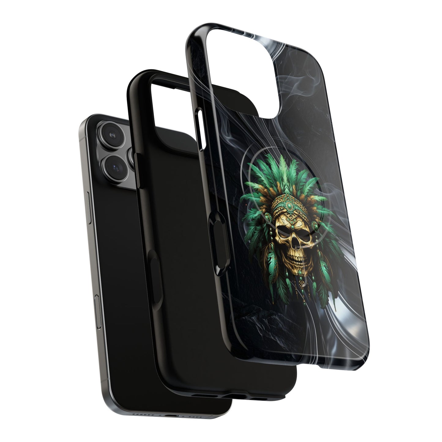 Skull Chief Magnetic Phone Case — Protective Tough iPhone Cover with Green Feather Headdress Design