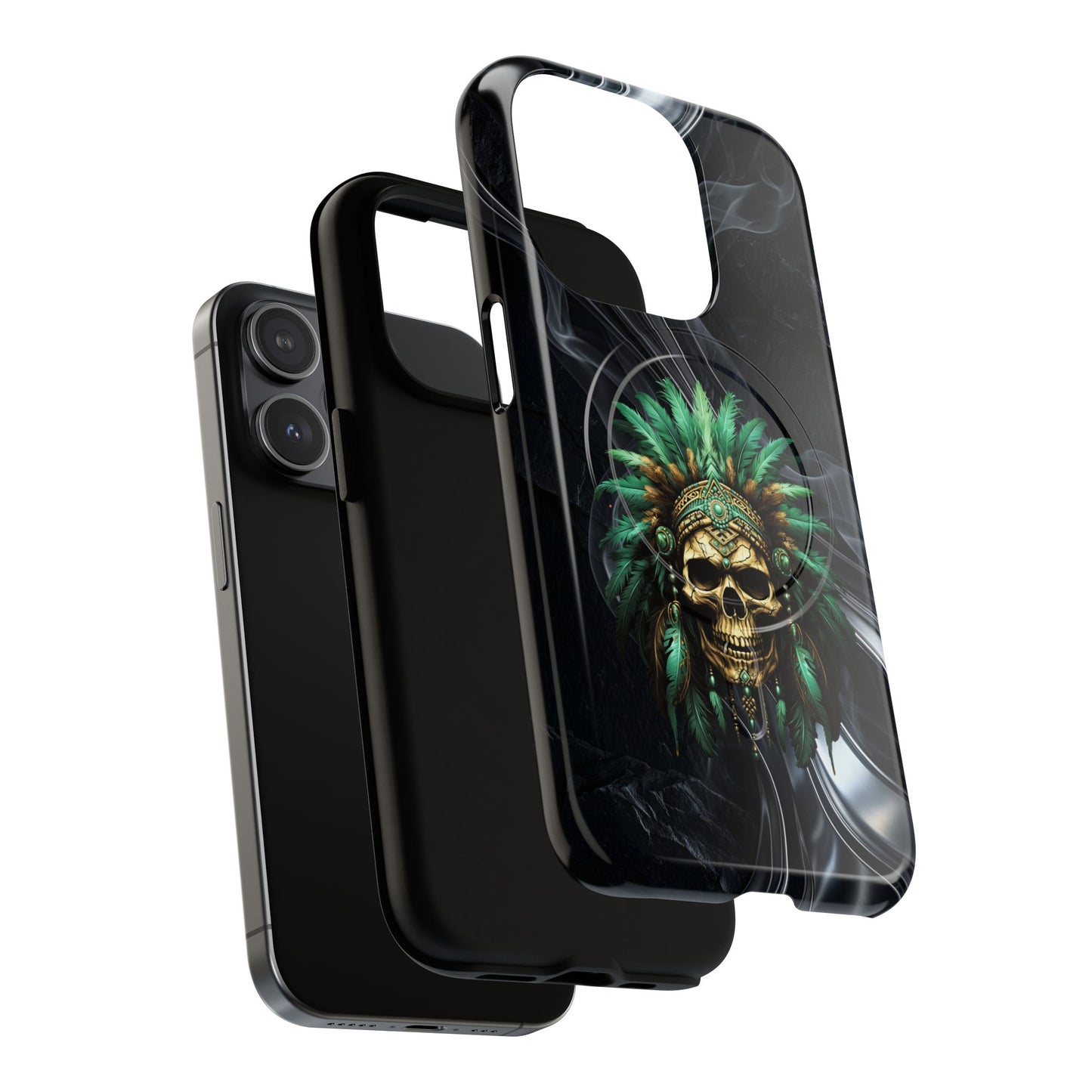 Skull Chief Magnetic Phone Case — Protective Tough iPhone Cover with Green Feather Headdress Design