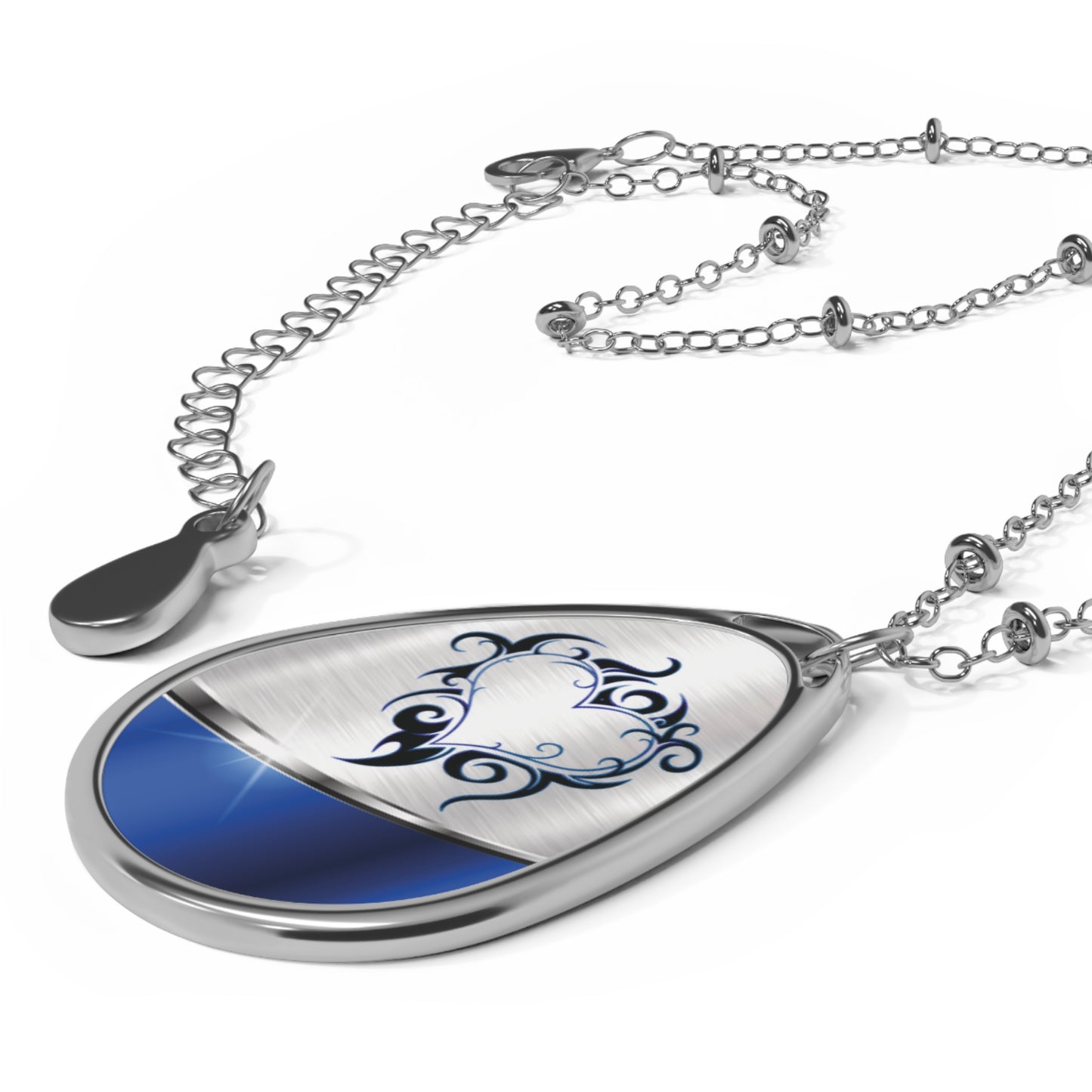 Oval Heart Filigree Necklace — Blue Accent Teardrop Pendant