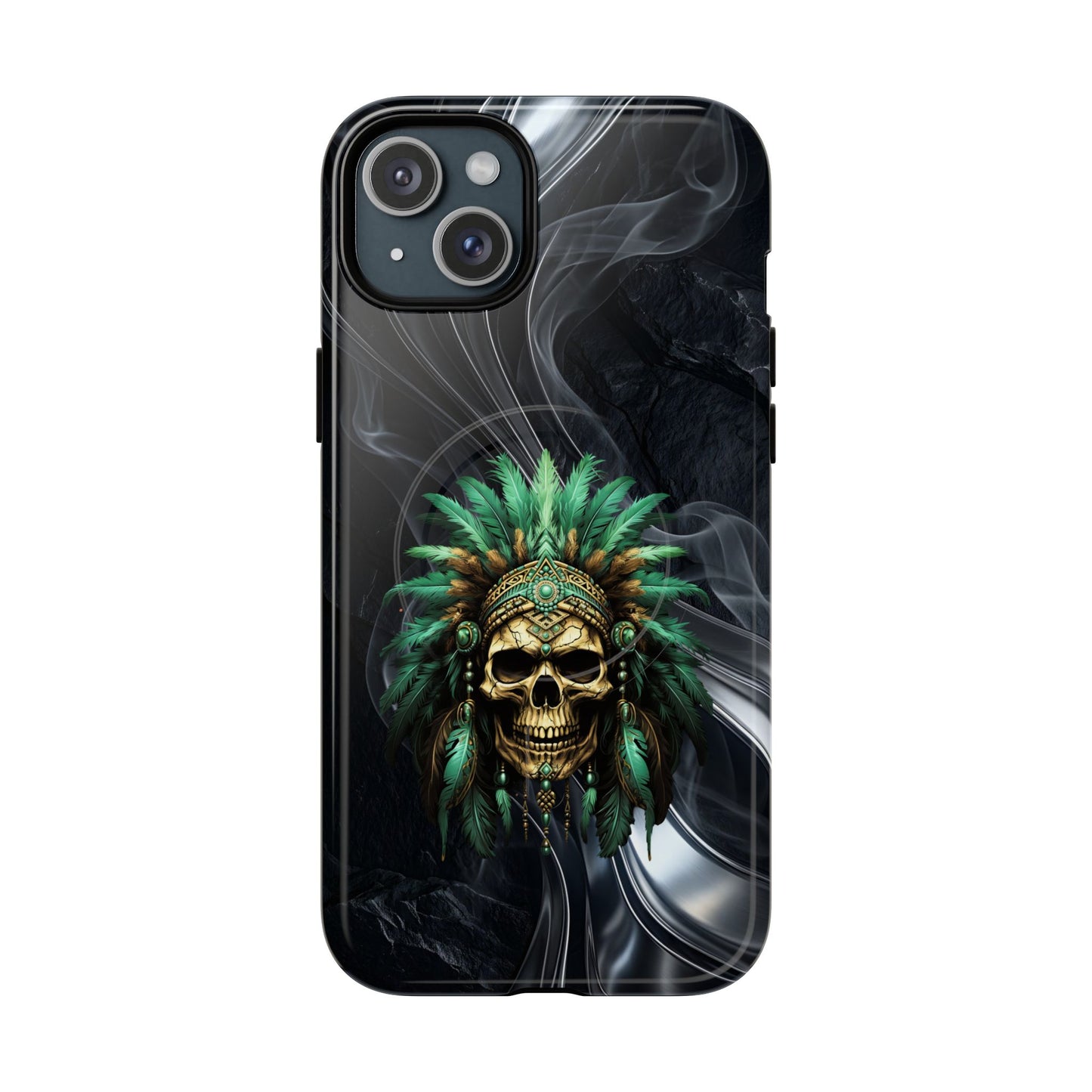 Skull Chief Magnetic Phone Case — Protective Tough iPhone Cover with Green Feather Headdress Design