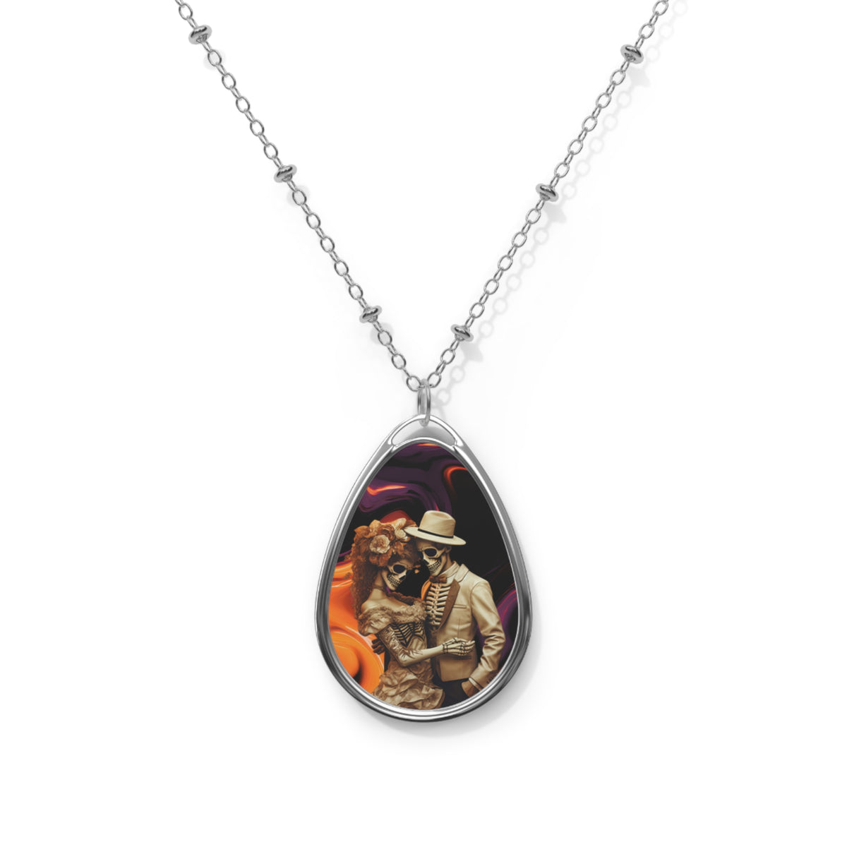 Day of the Dead Couple Oval Necklace — Sugar Skull Romance Pendant