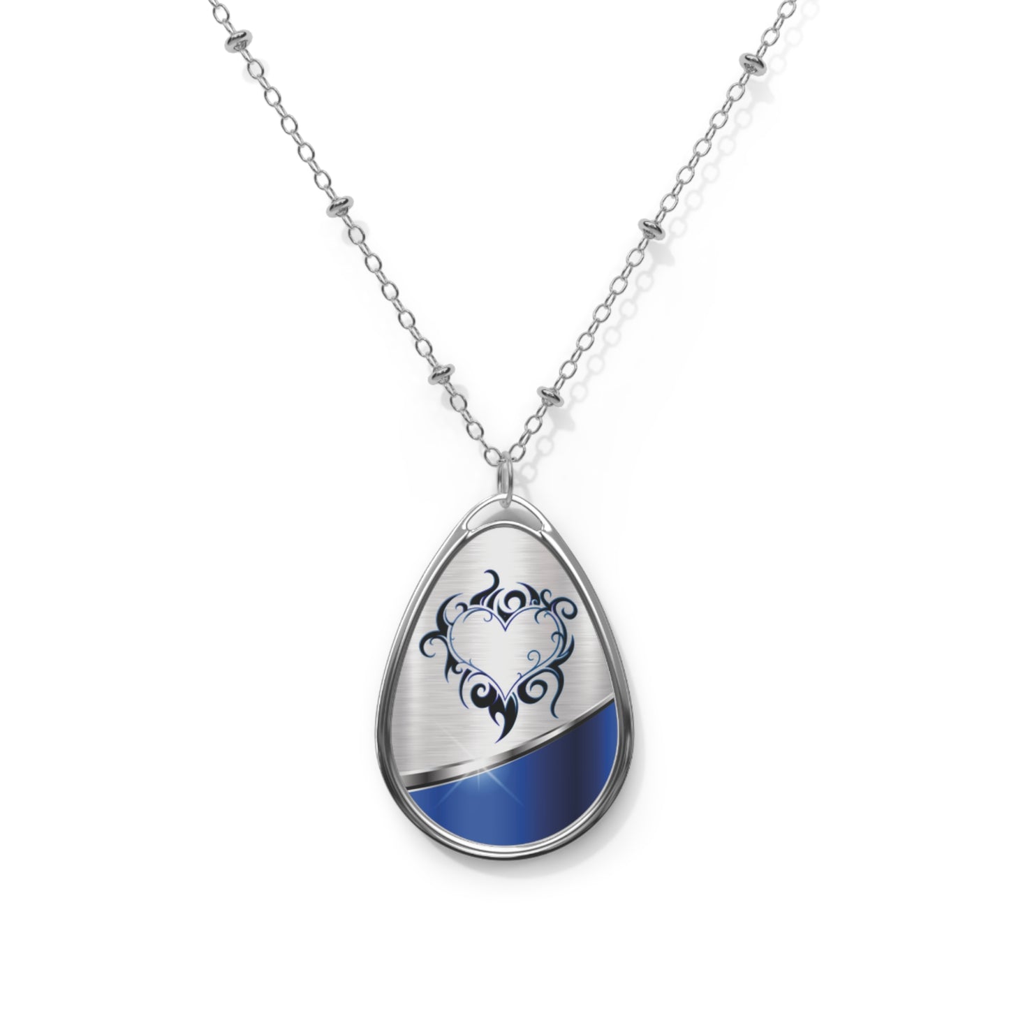 Oval Heart Filigree Necklace — Blue Accent Teardrop Pendant