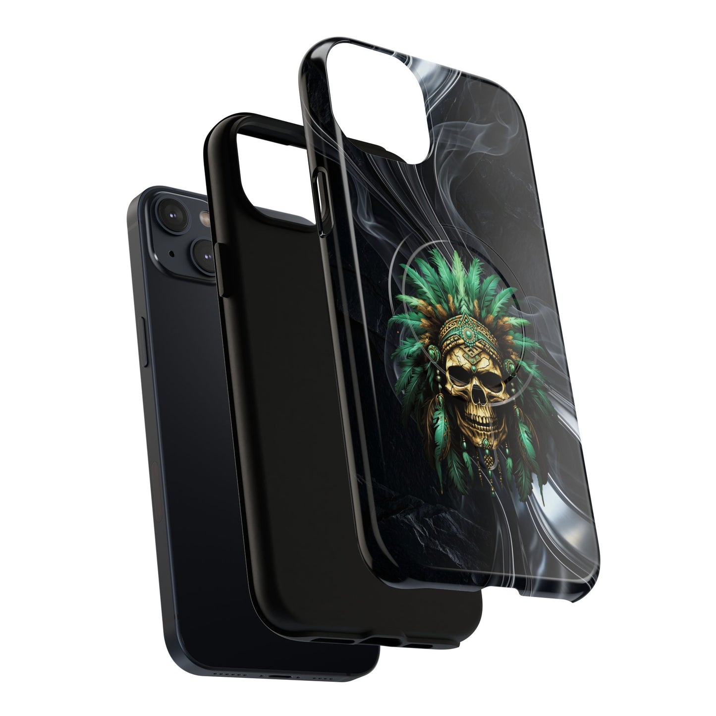 Skull Chief Magnetic Phone Case — Protective Tough iPhone Cover with Green Feather Headdress Design