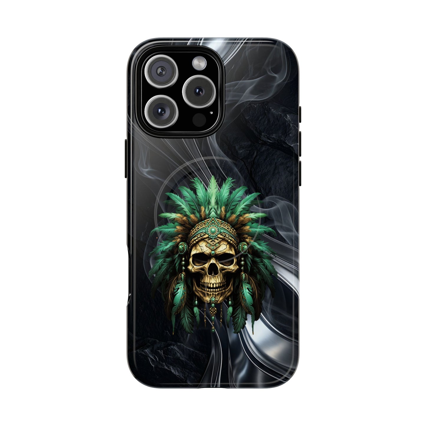 Skull Chief Magnetic Phone Case — Protective Tough iPhone Cover with Green Feather Headdress Design