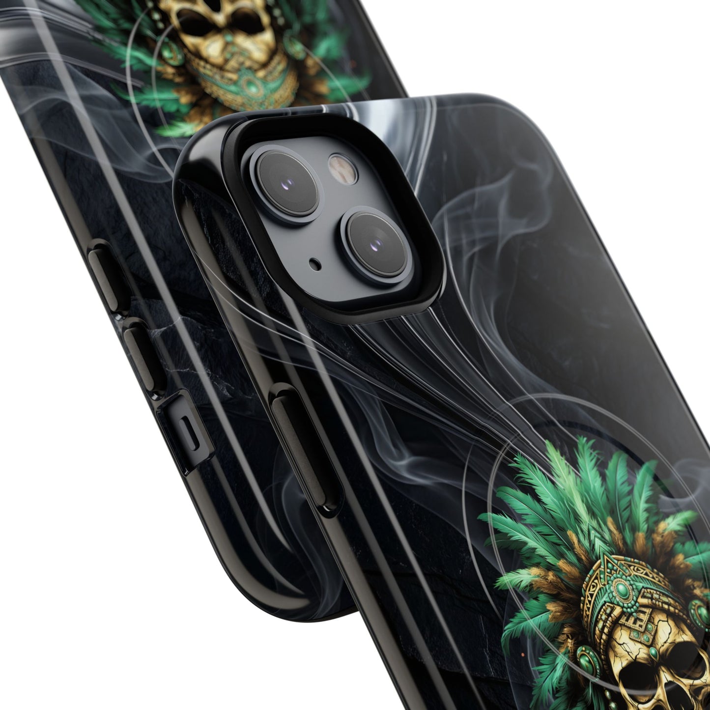 Skull Chief Magnetic Phone Case — Protective Tough iPhone Cover with Green Feather Headdress Design