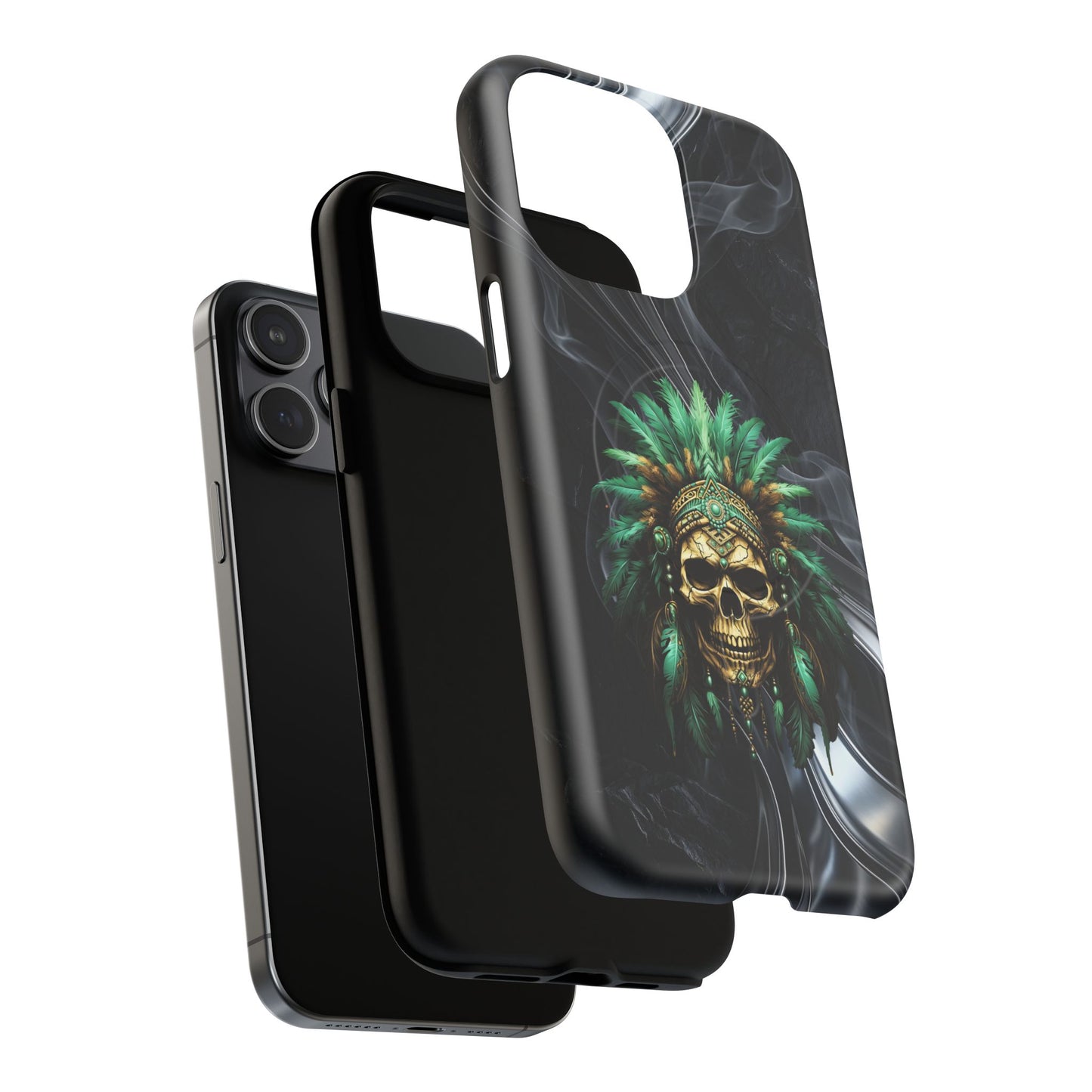 Skull Chief Magnetic Phone Case — Protective Tough iPhone Cover with Green Feather Headdress Design