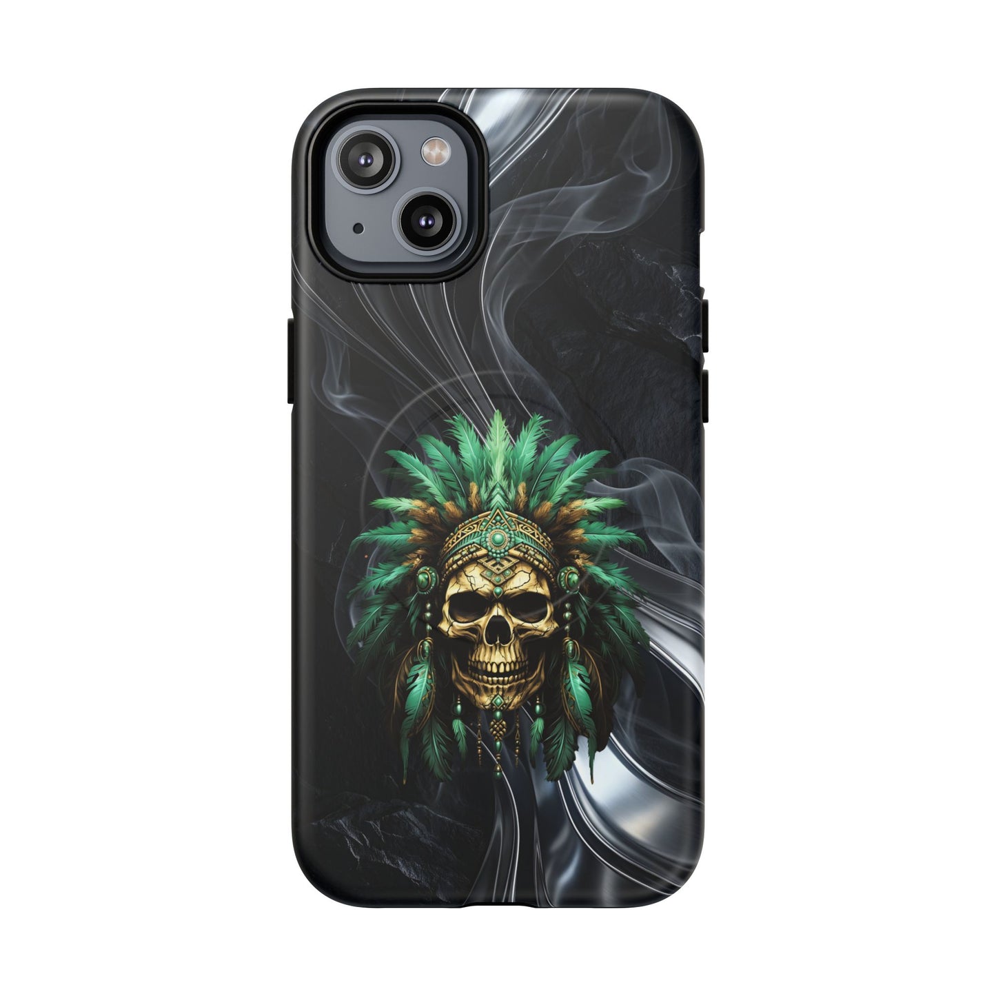 Skull Chief Magnetic Phone Case — Protective Tough iPhone Cover with Green Feather Headdress Design