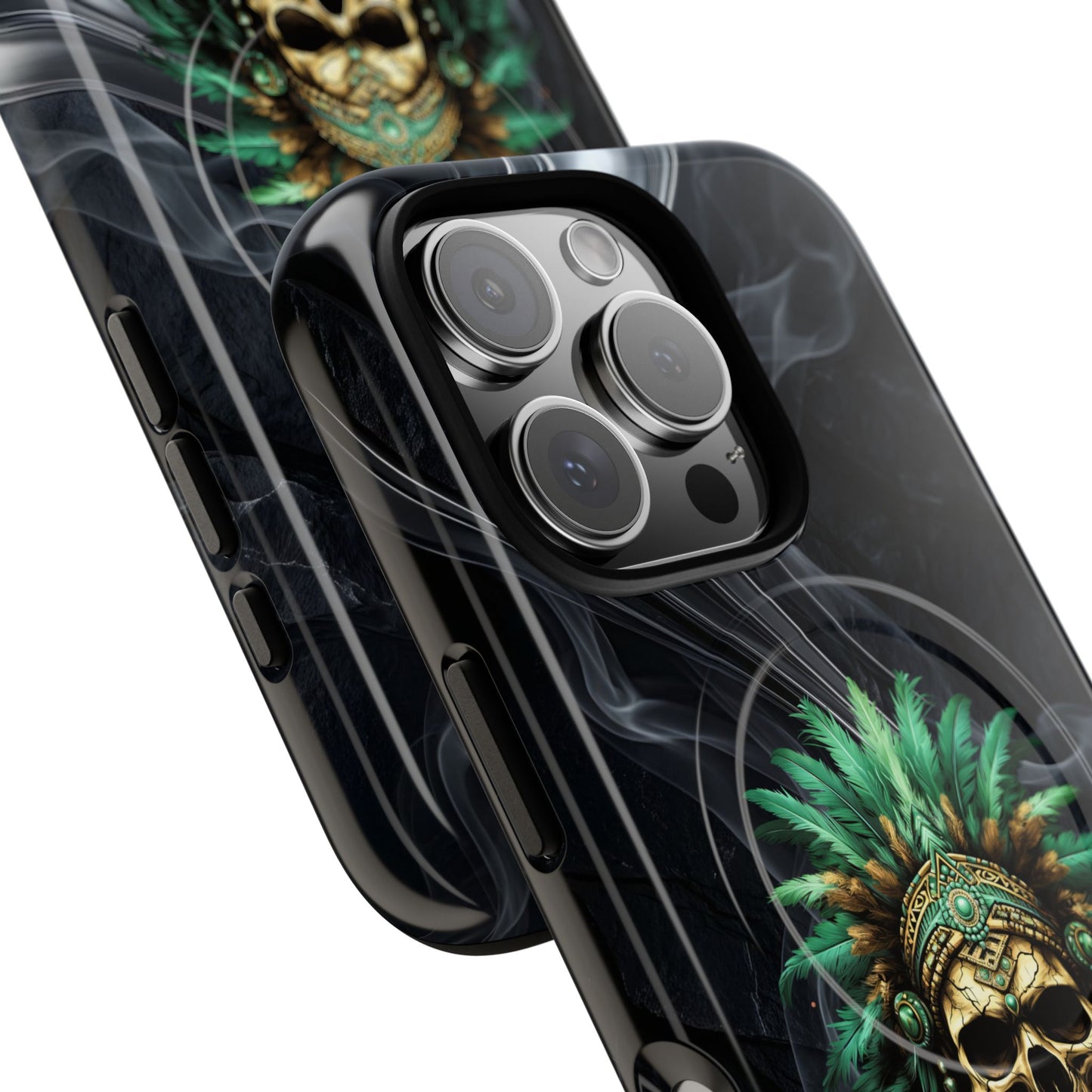 Skull Chief Magnetic Phone Case — Protective Tough iPhone Cover with Green Feather Headdress Design
