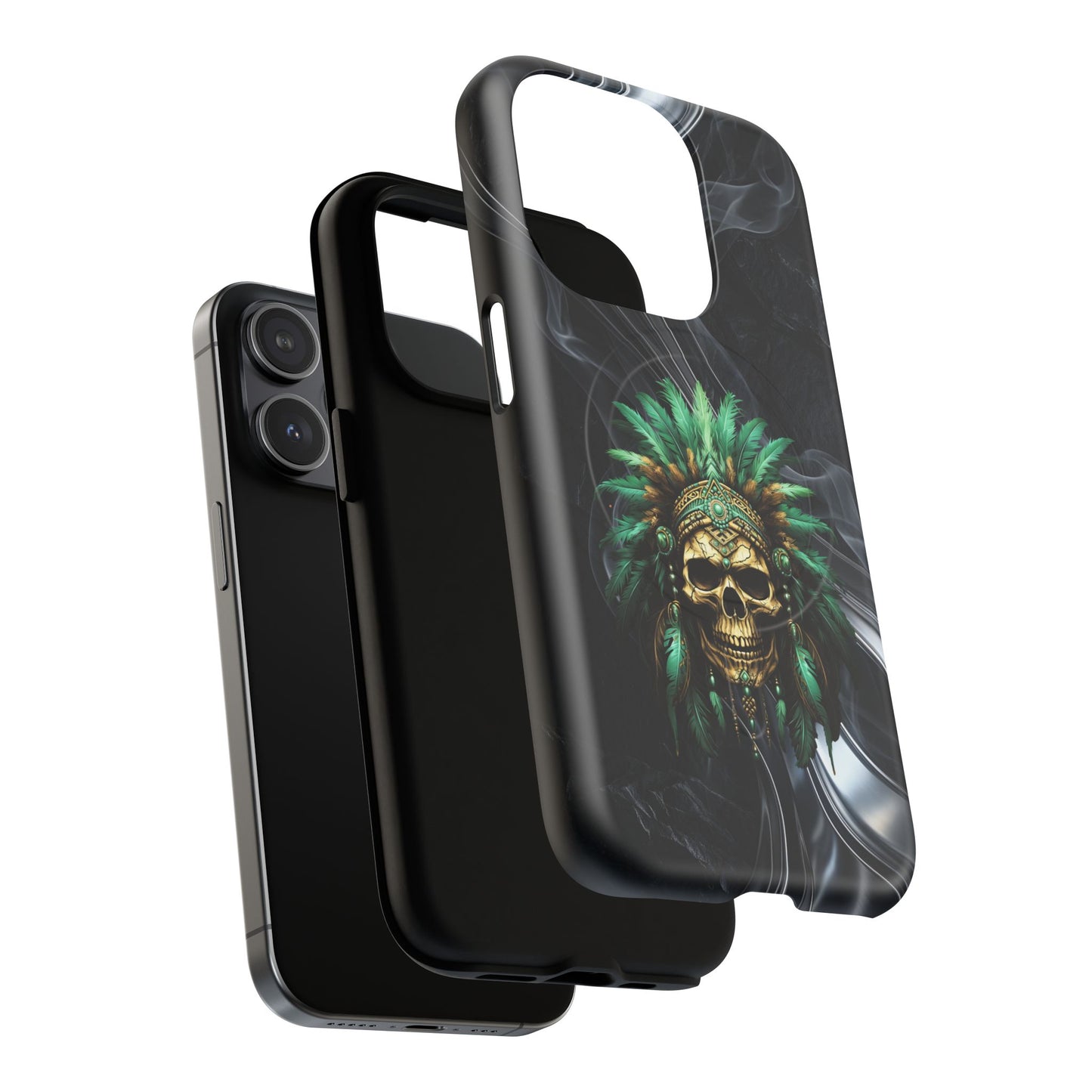 Skull Chief Magnetic Phone Case — Protective Tough iPhone Cover with Green Feather Headdress Design