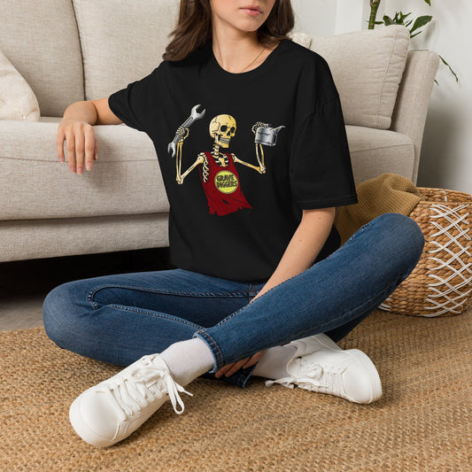 Skeleton Mechanic T‑Shirt — Funny Skull Wrench & Oil Can Garage Tee