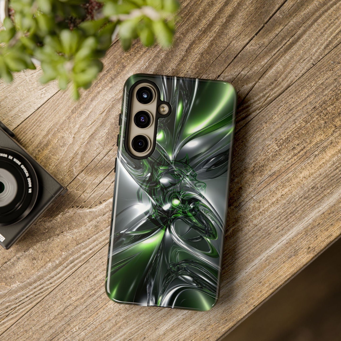 Green Metallic Abstract Tough Phone Case — Rugged Protective Phone Cover