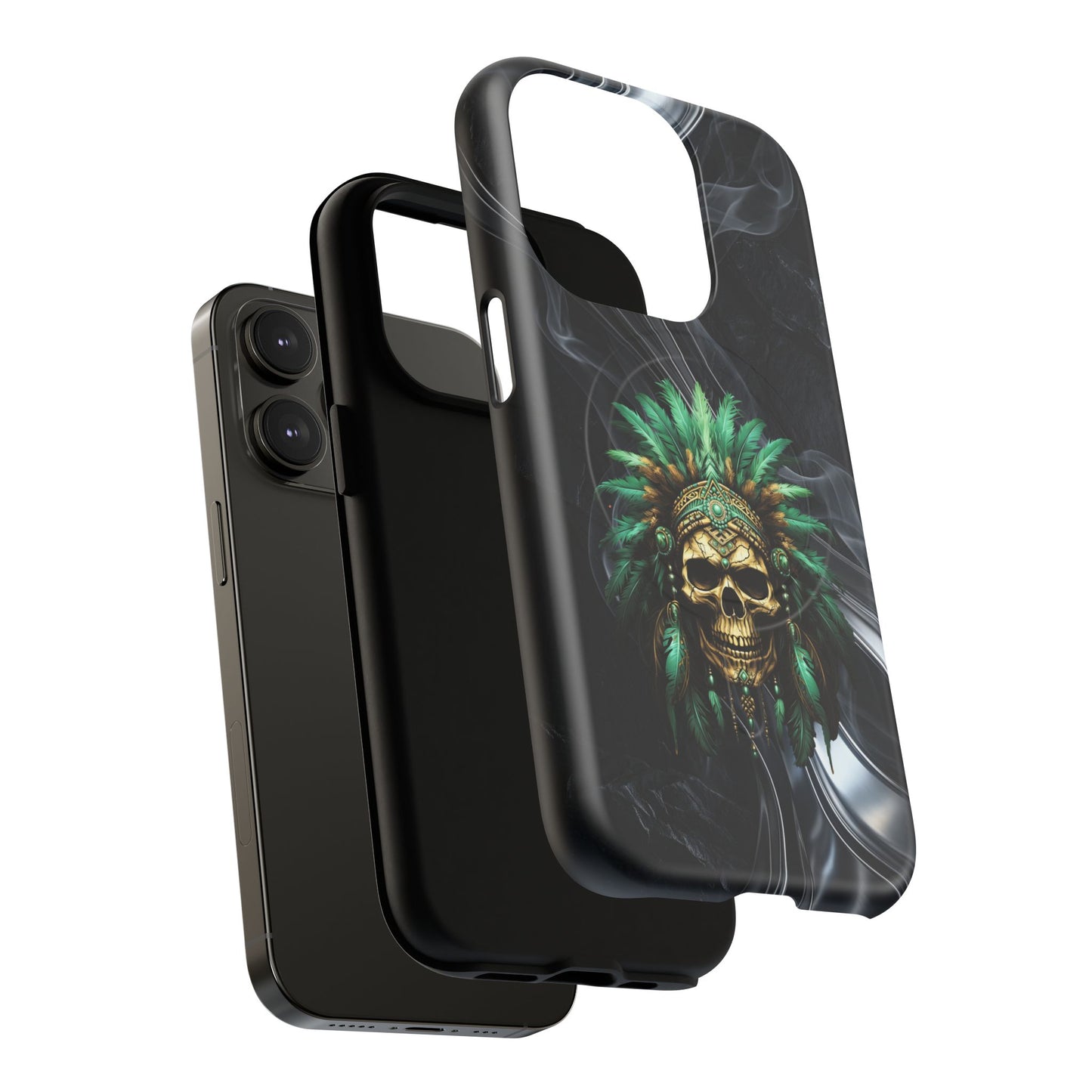 Skull Chief Magnetic Phone Case — Protective Tough iPhone Cover with Green Feather Headdress Design