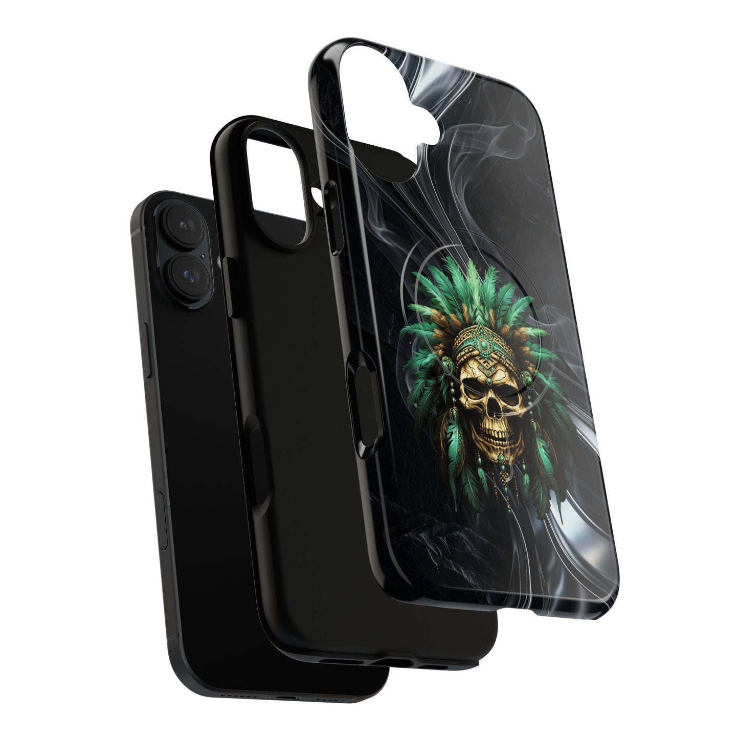 Skull Chief Magnetic Phone Case — Protective Tough iPhone Cover with Green Feather Headdress Design