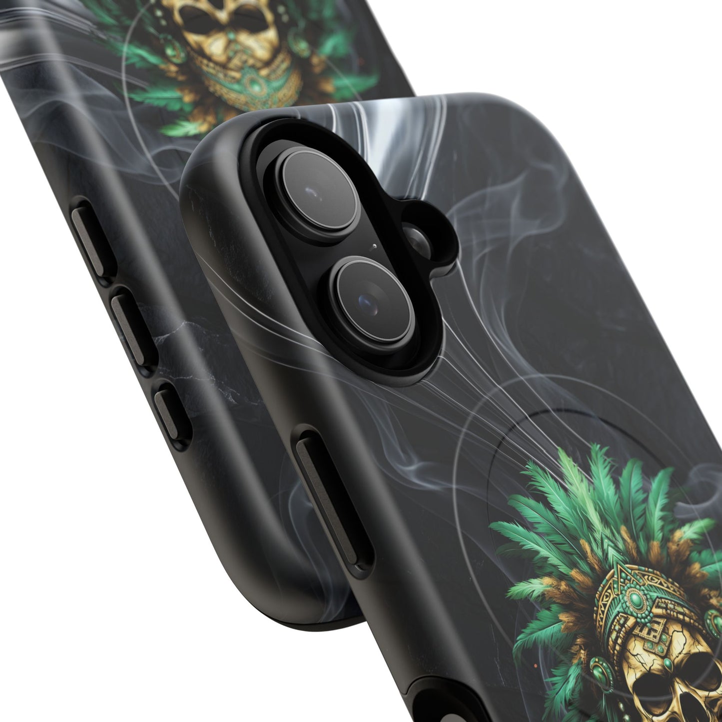 Skull Chief Magnetic Phone Case — Protective Tough iPhone Cover with Green Feather Headdress Design