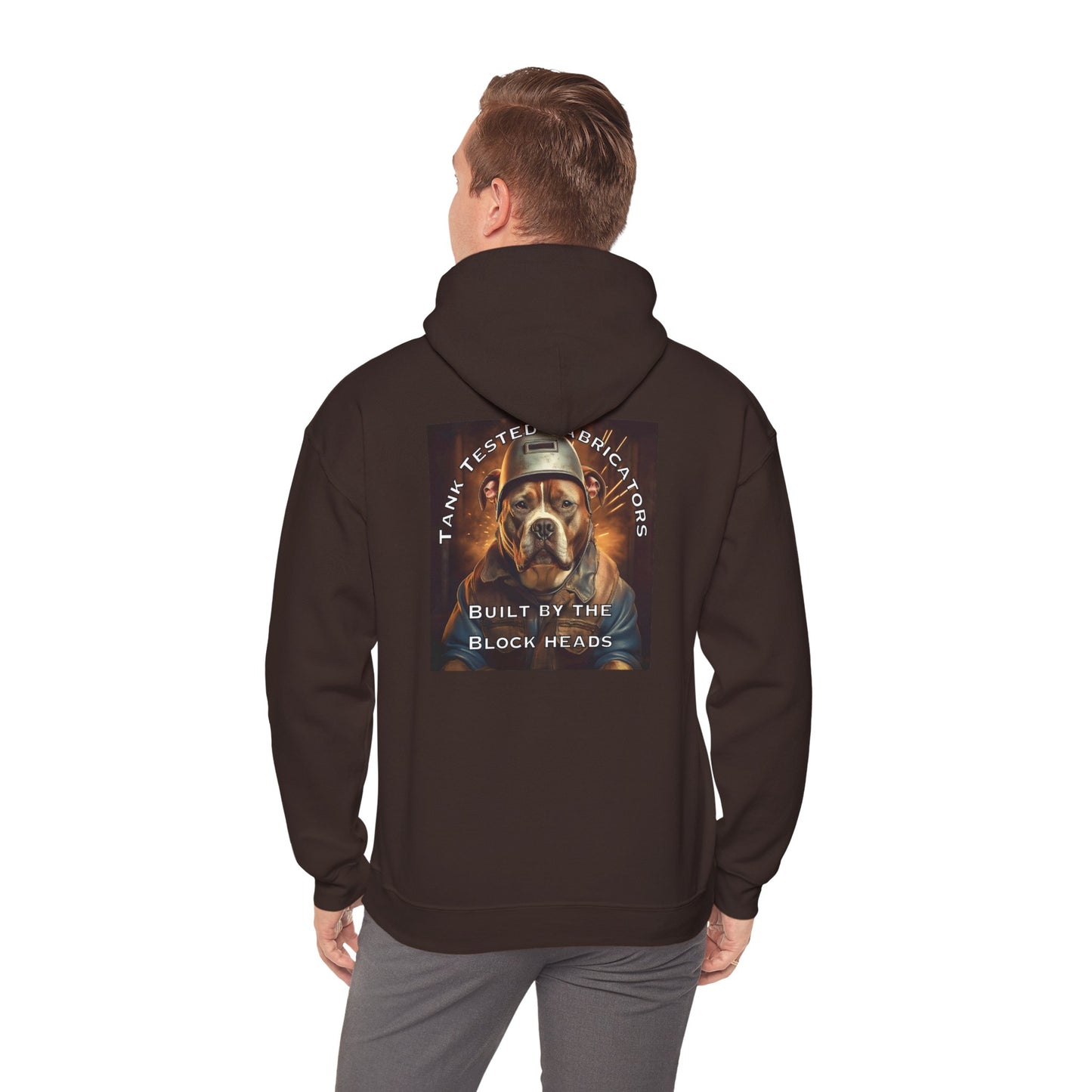 Molten Metal Hoodie — Vintage Pitbull Welder Graphic Sweatshirt ("Built by the Block Heads")
