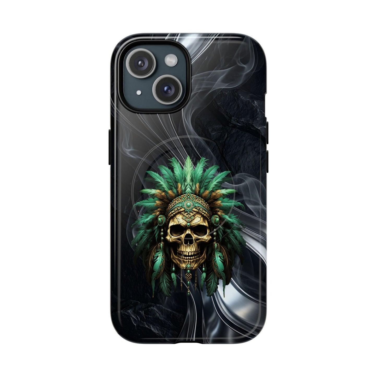 Skull Chief Magnetic Phone Case — Protective Tough iPhone Cover with Green Feather Headdress Design