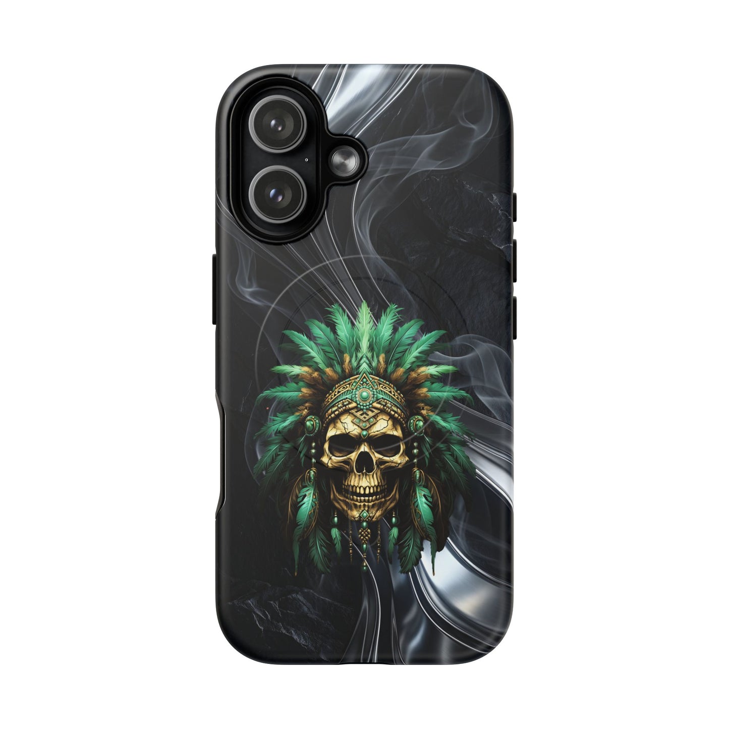 Skull Chief Magnetic Phone Case — Protective Tough iPhone Cover with Green Feather Headdress Design