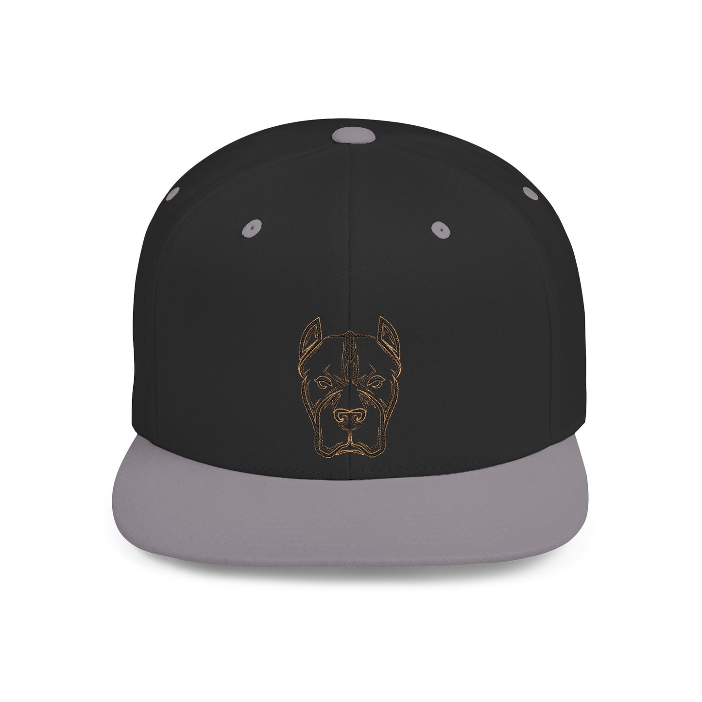Pitbull Outline Flat Bill Snapback Hat — Minimal Embroidered Dog Face Cap
