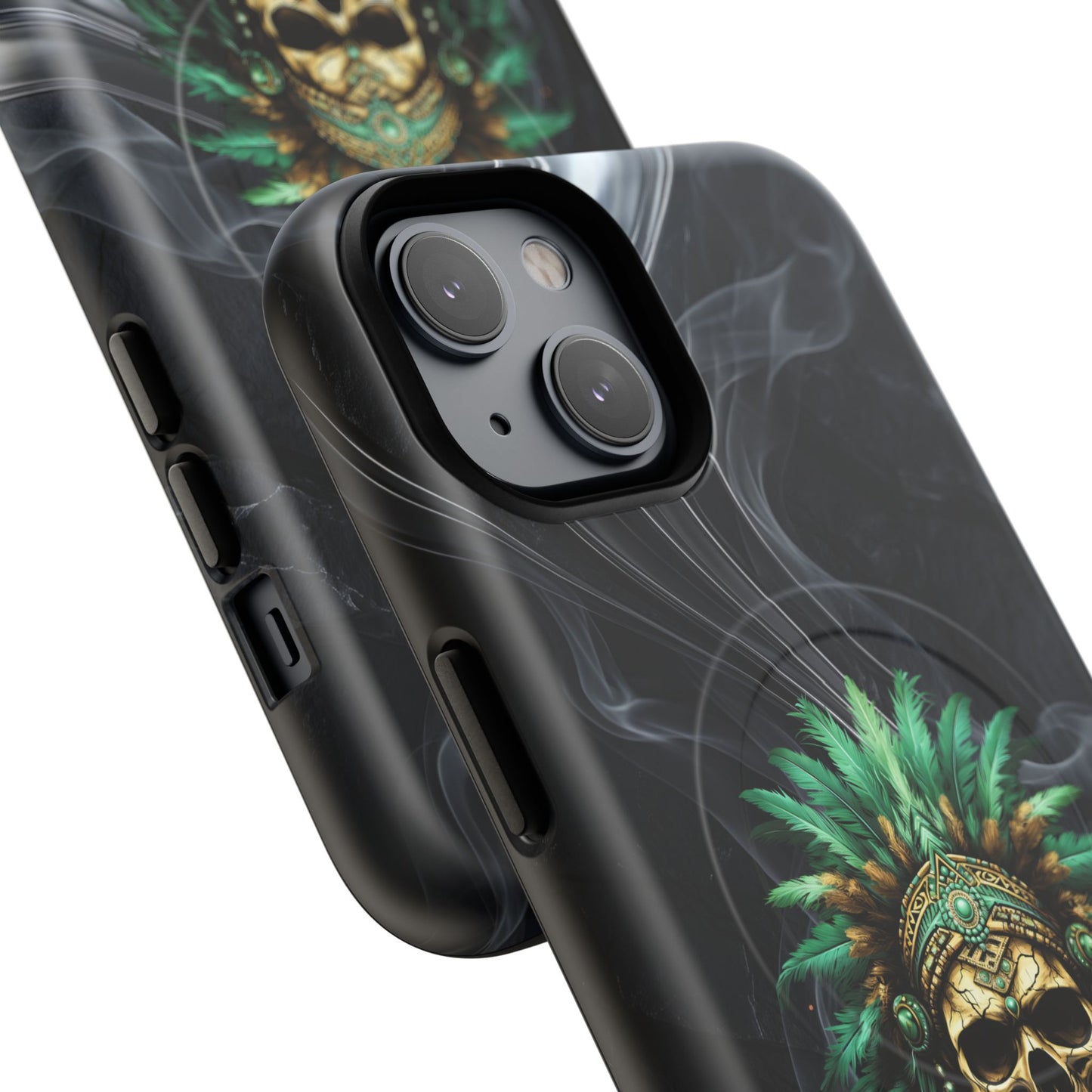 Skull Chief Magnetic Phone Case — Protective Tough iPhone Cover with Green Feather Headdress Design