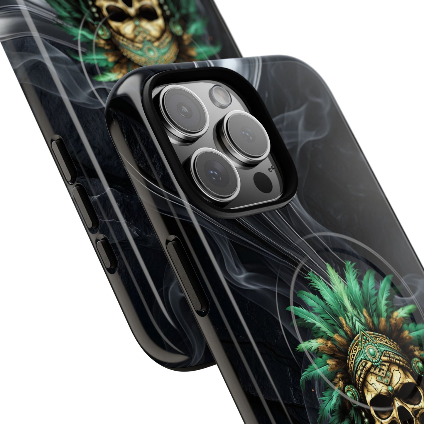 Skull Chief Magnetic Phone Case — Protective Tough iPhone Cover with Green Feather Headdress Design