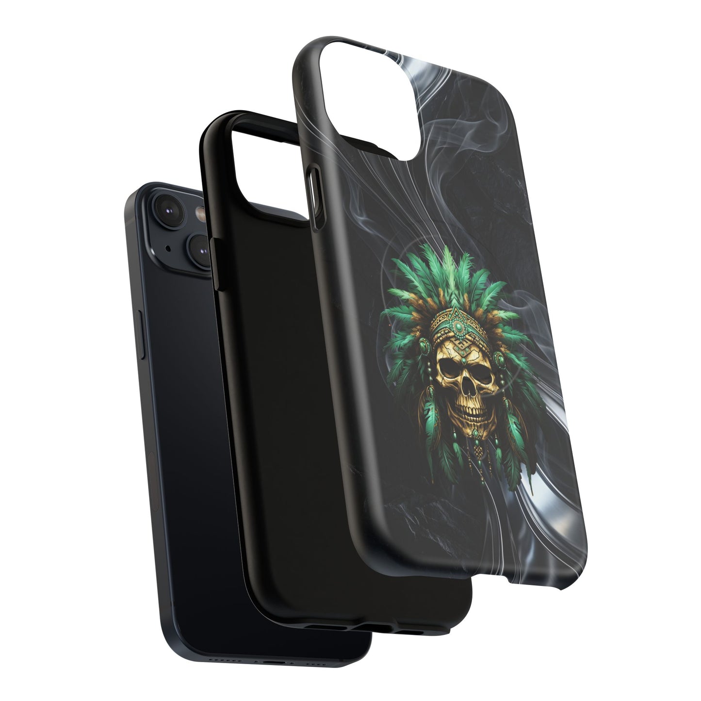 Skull Chief Magnetic Phone Case — Protective Tough iPhone Cover with Green Feather Headdress Design
