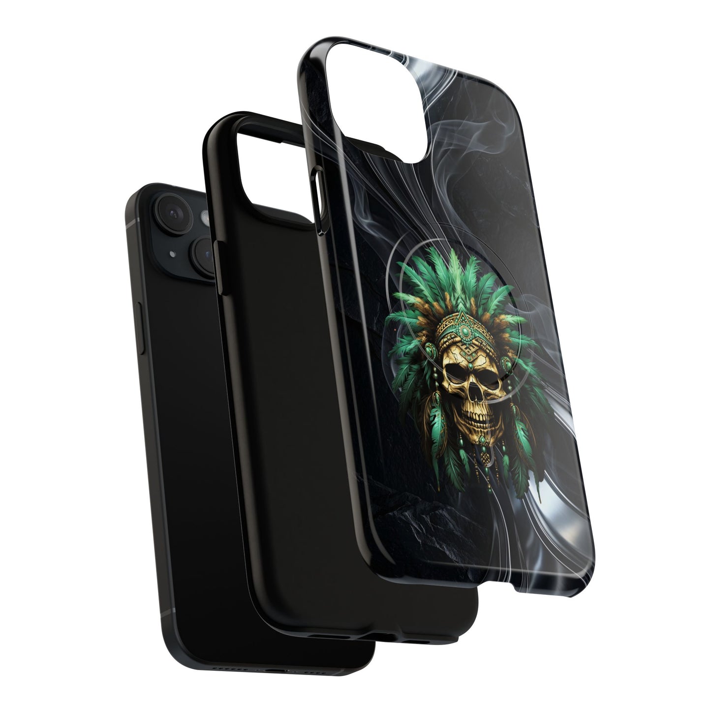 Skull Chief Magnetic Phone Case — Protective Tough iPhone Cover with Green Feather Headdress Design