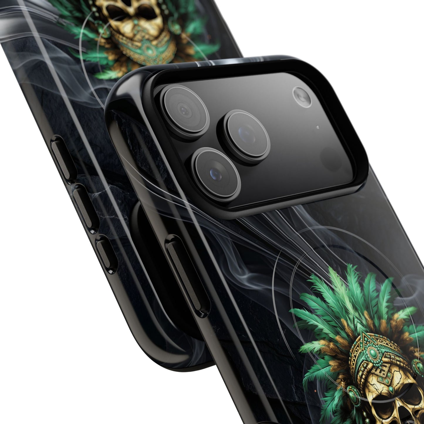 Skull Chief Magnetic Phone Case — Protective Tough iPhone Cover with Green Feather Headdress Design