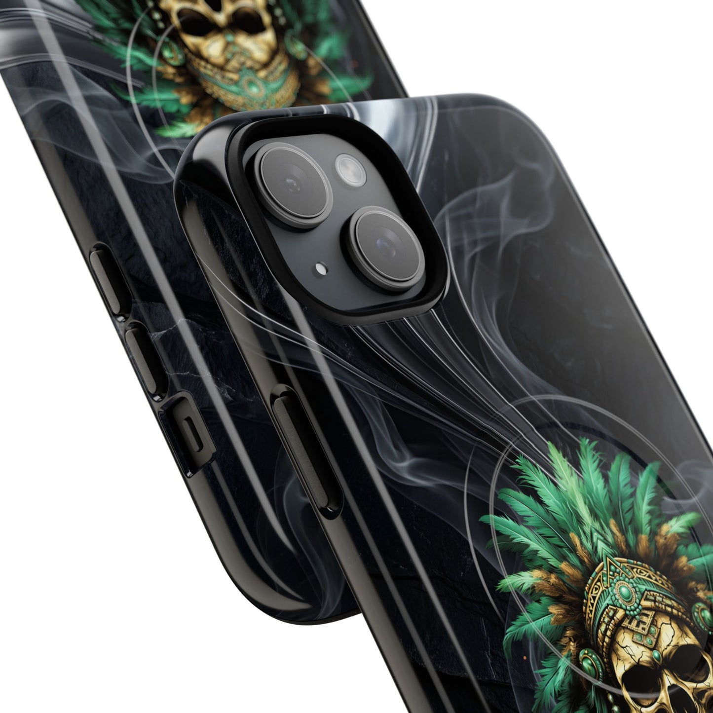 Skull Chief Magnetic Phone Case — Protective Tough iPhone Cover with Green Feather Headdress Design