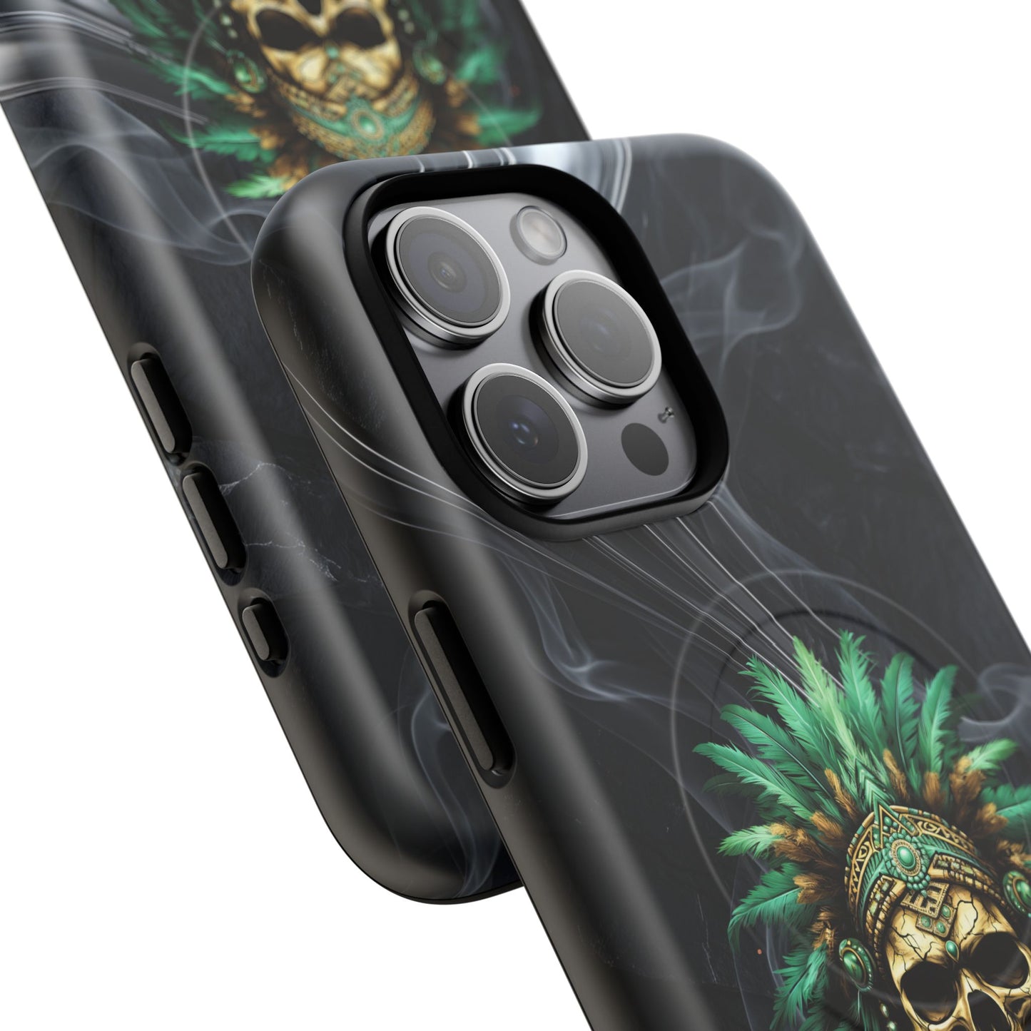 Skull Chief Magnetic Phone Case — Protective Tough iPhone Cover with Green Feather Headdress Design