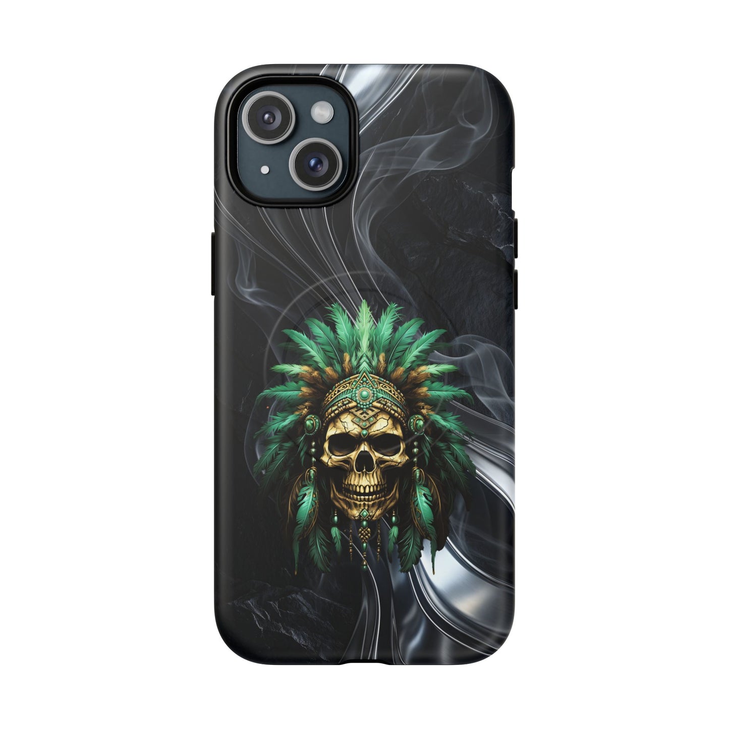 Skull Chief Magnetic Phone Case — Protective Tough iPhone Cover with Green Feather Headdress Design