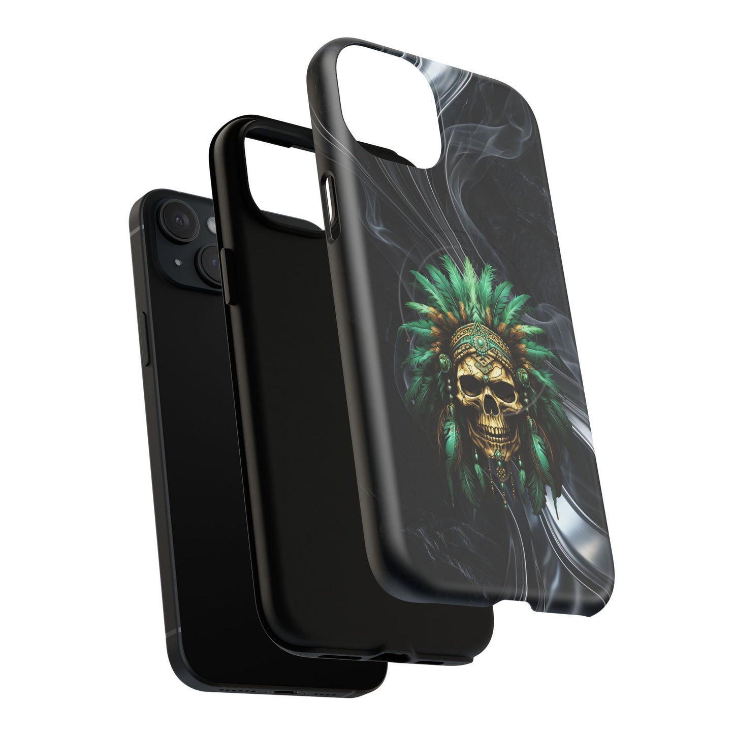 Skull Chief Magnetic Phone Case — Protective Tough iPhone Cover with Green Feather Headdress Design