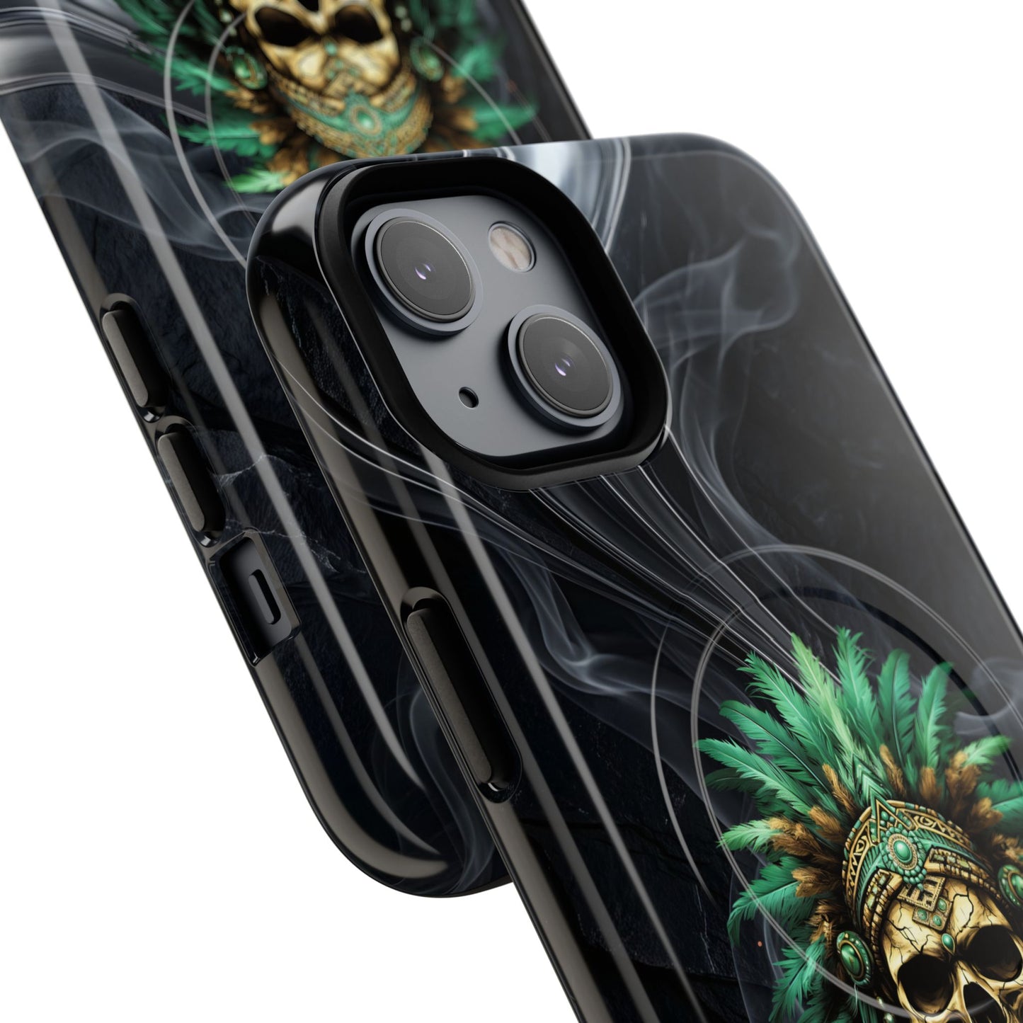 Skull Chief Magnetic Phone Case — Protective Tough iPhone Cover with Green Feather Headdress Design