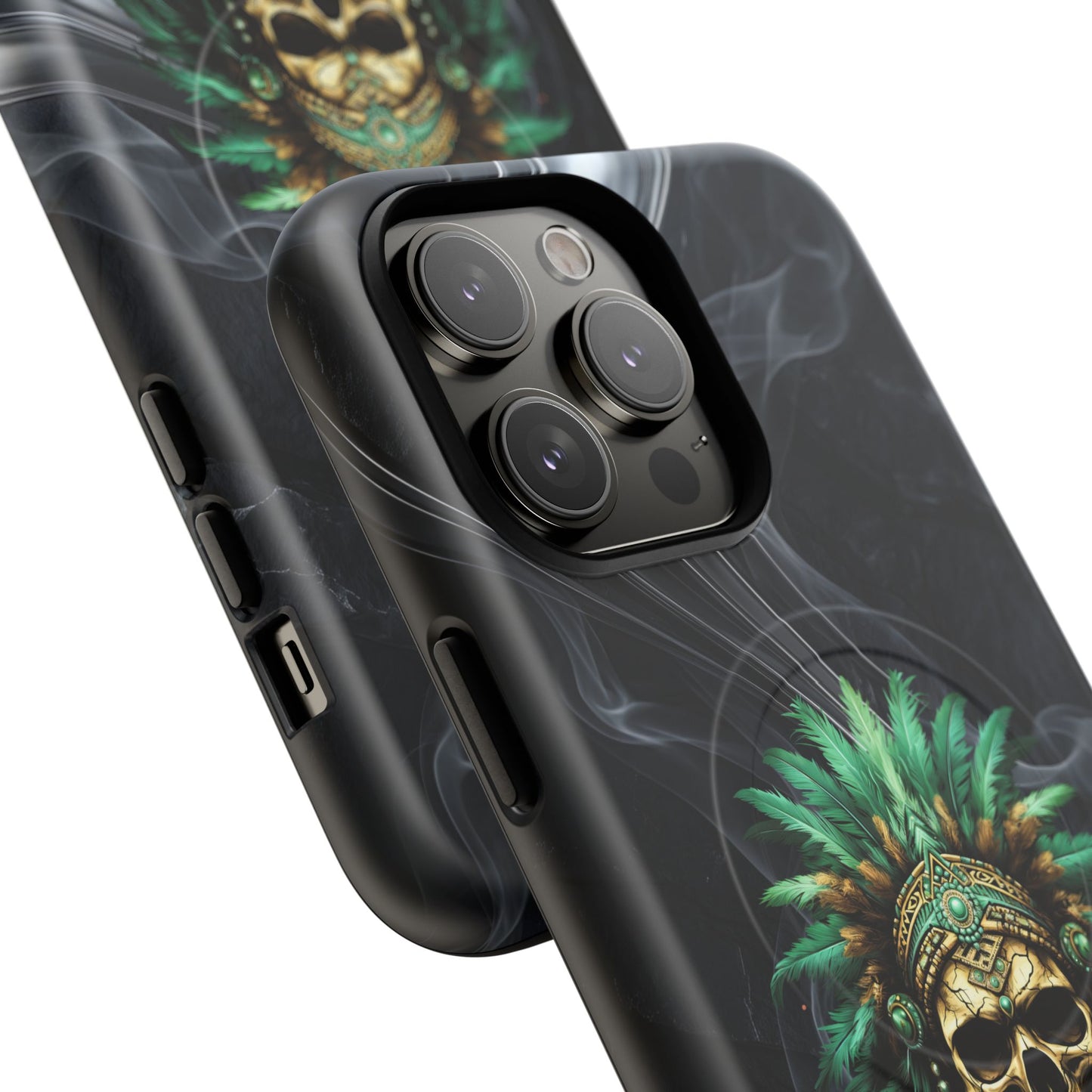 Skull Chief Magnetic Phone Case — Protective Tough iPhone Cover with Green Feather Headdress Design