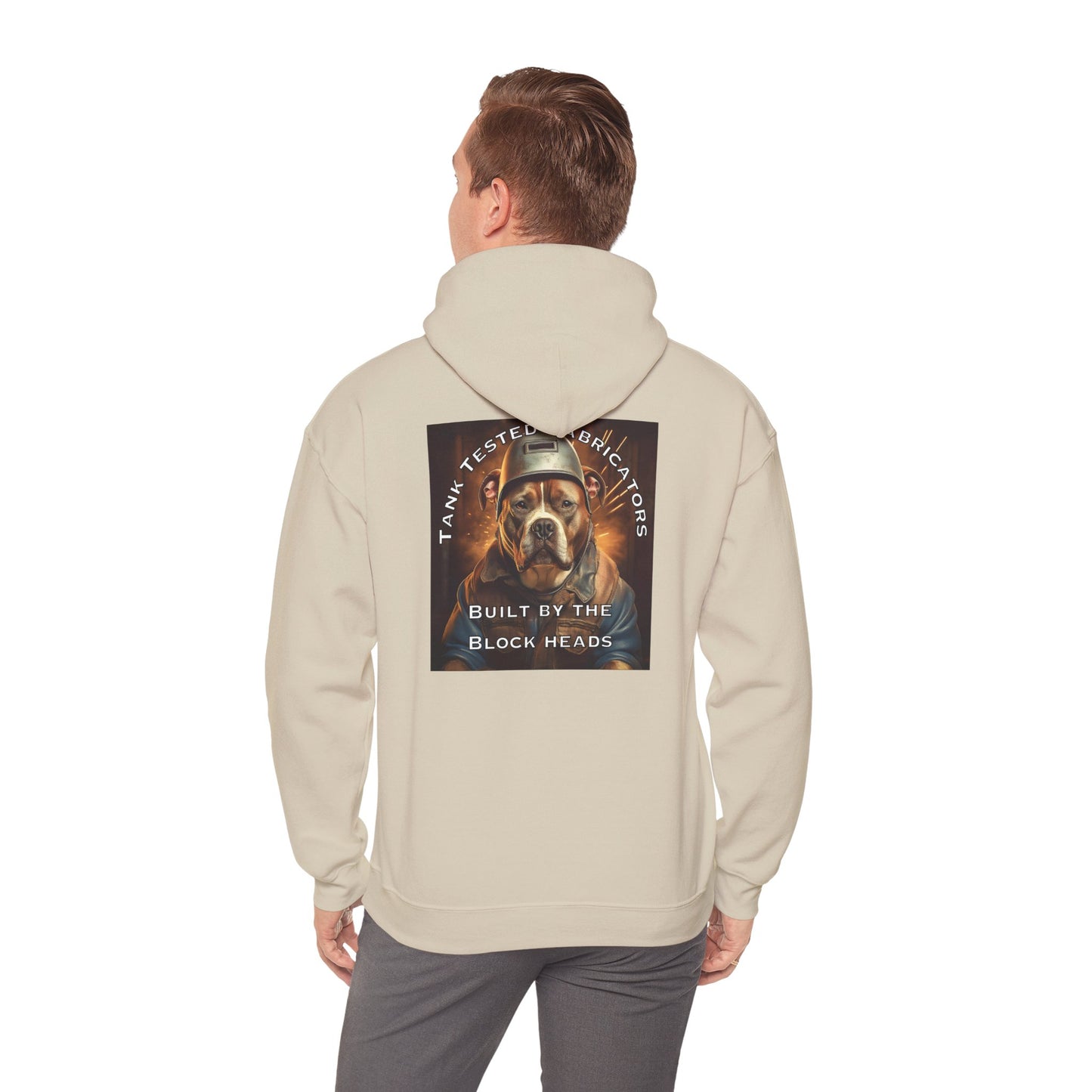 Molten Metal Hoodie — Vintage Pitbull Welder Graphic Sweatshirt ("Built by the Block Heads")