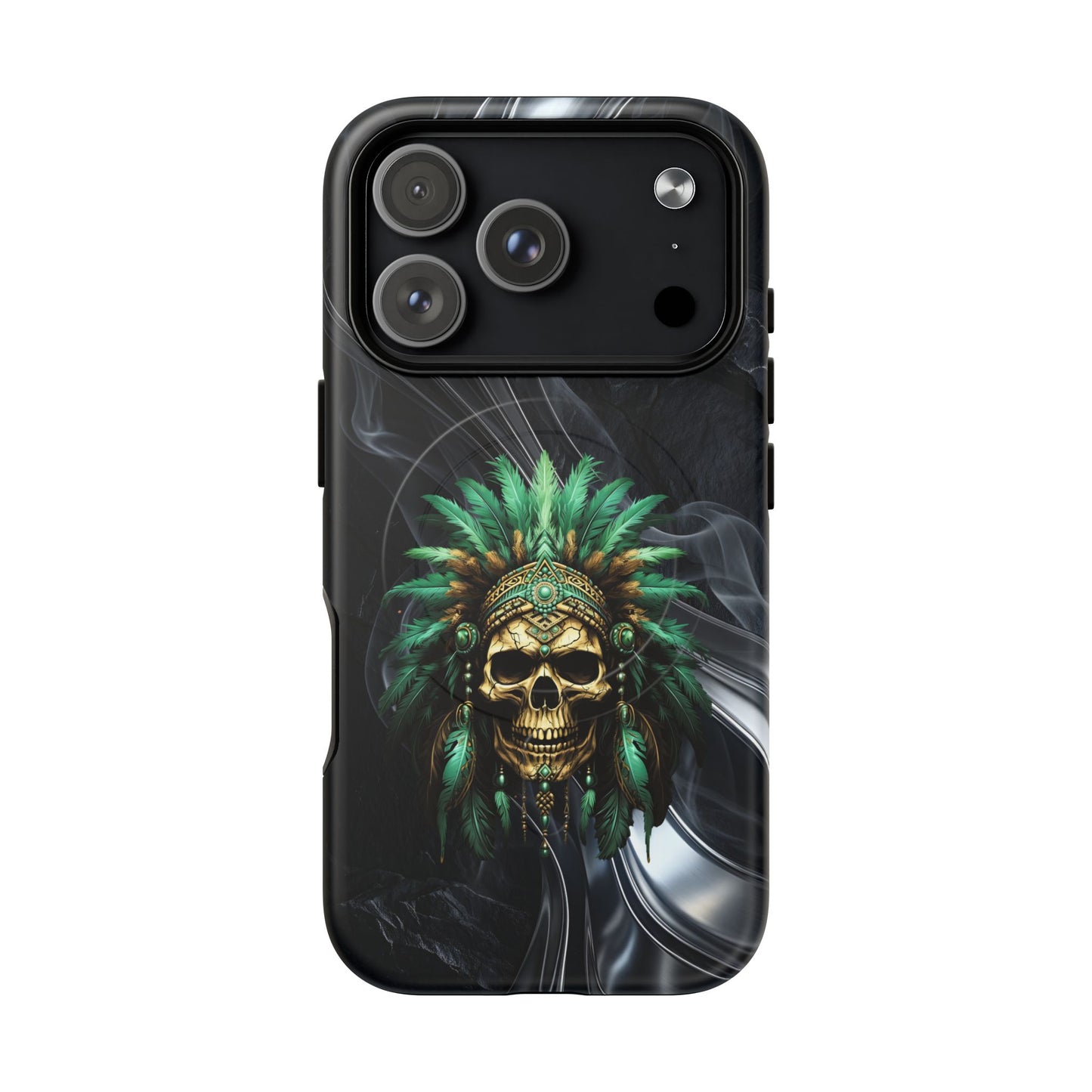 Skull Chief Magnetic Phone Case — Protective Tough iPhone Cover with Green Feather Headdress Design