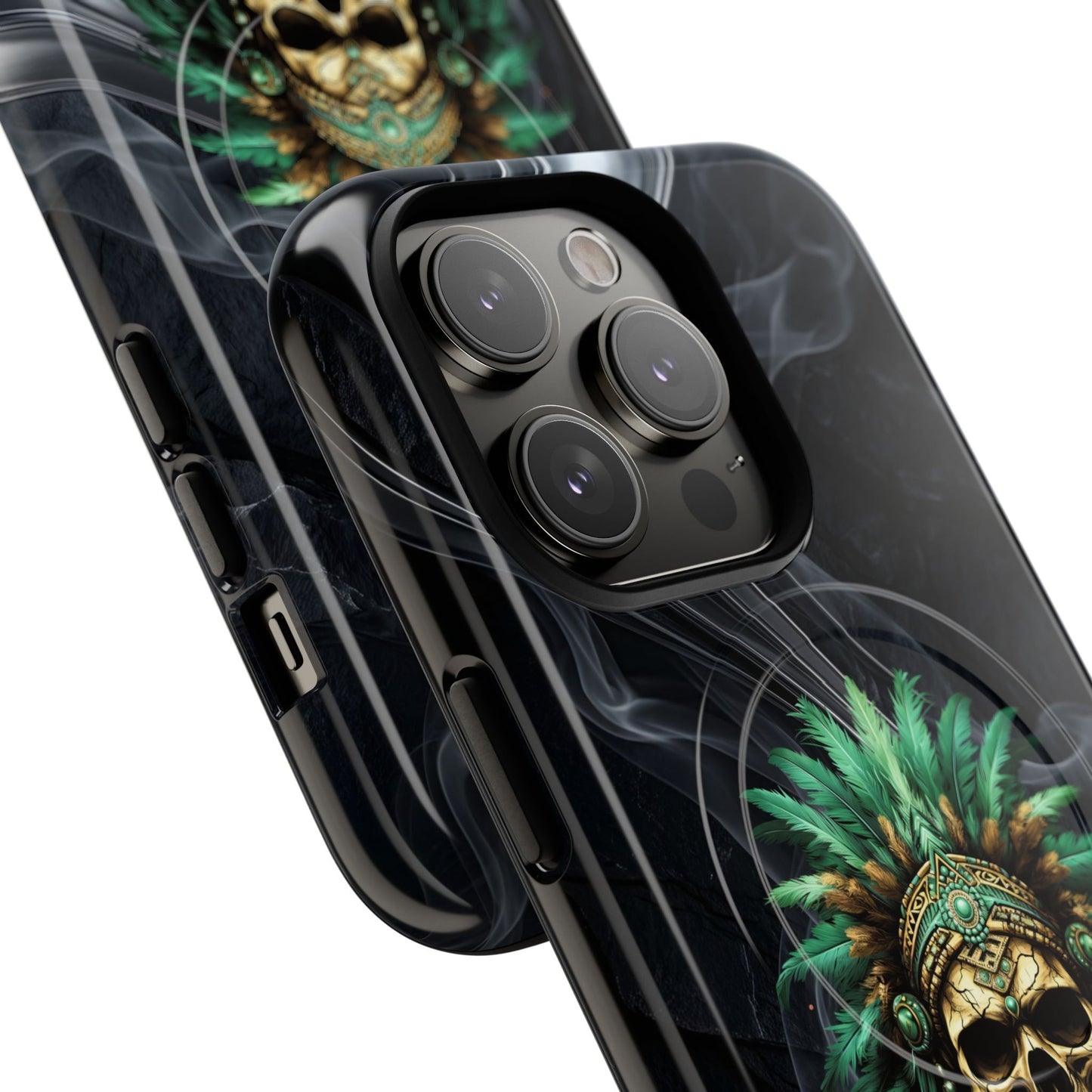 Skull Chief Magnetic Phone Case — Protective Tough iPhone Cover with Green Feather Headdress Design
