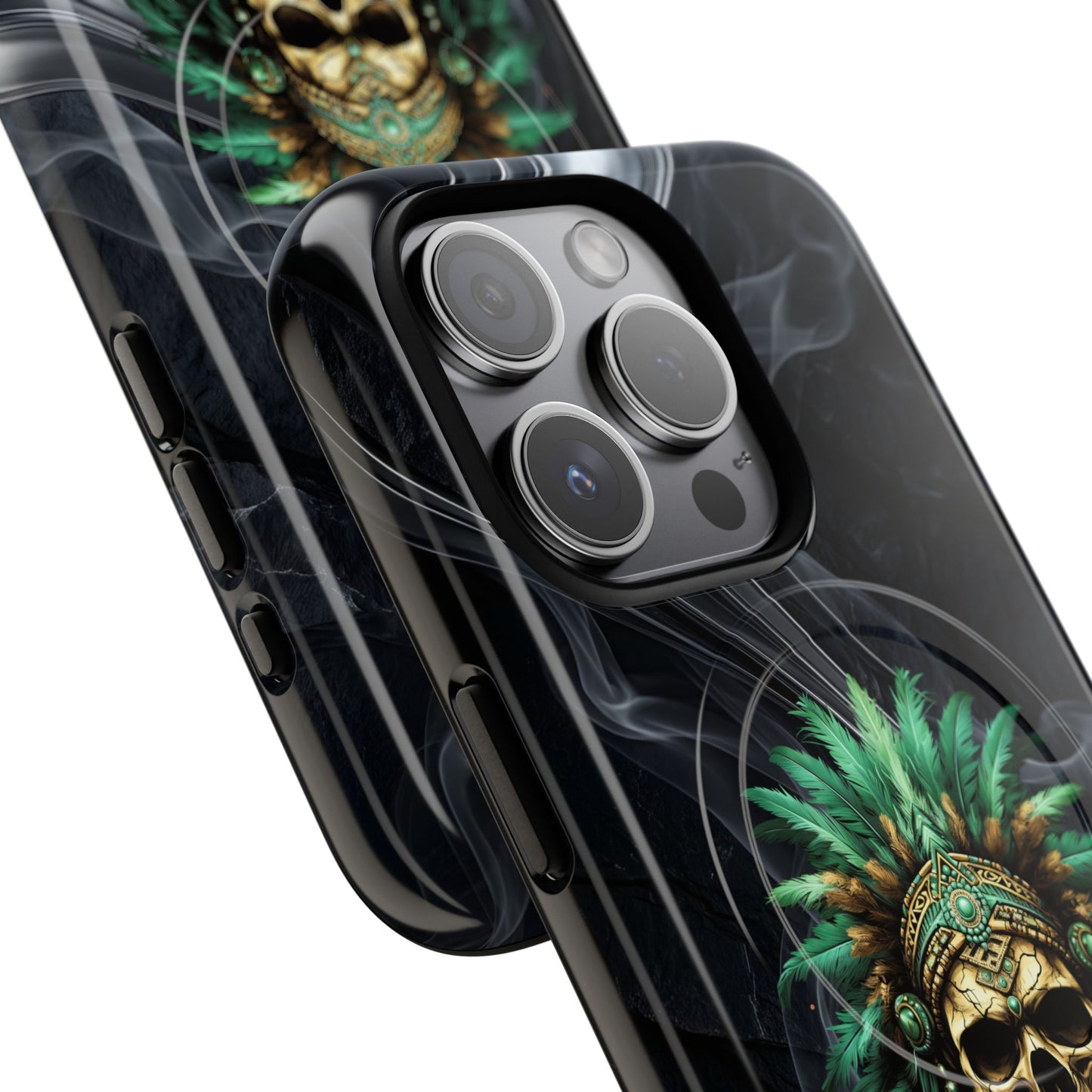 Skull Chief Magnetic Phone Case — Protective Tough iPhone Cover with Green Feather Headdress Design