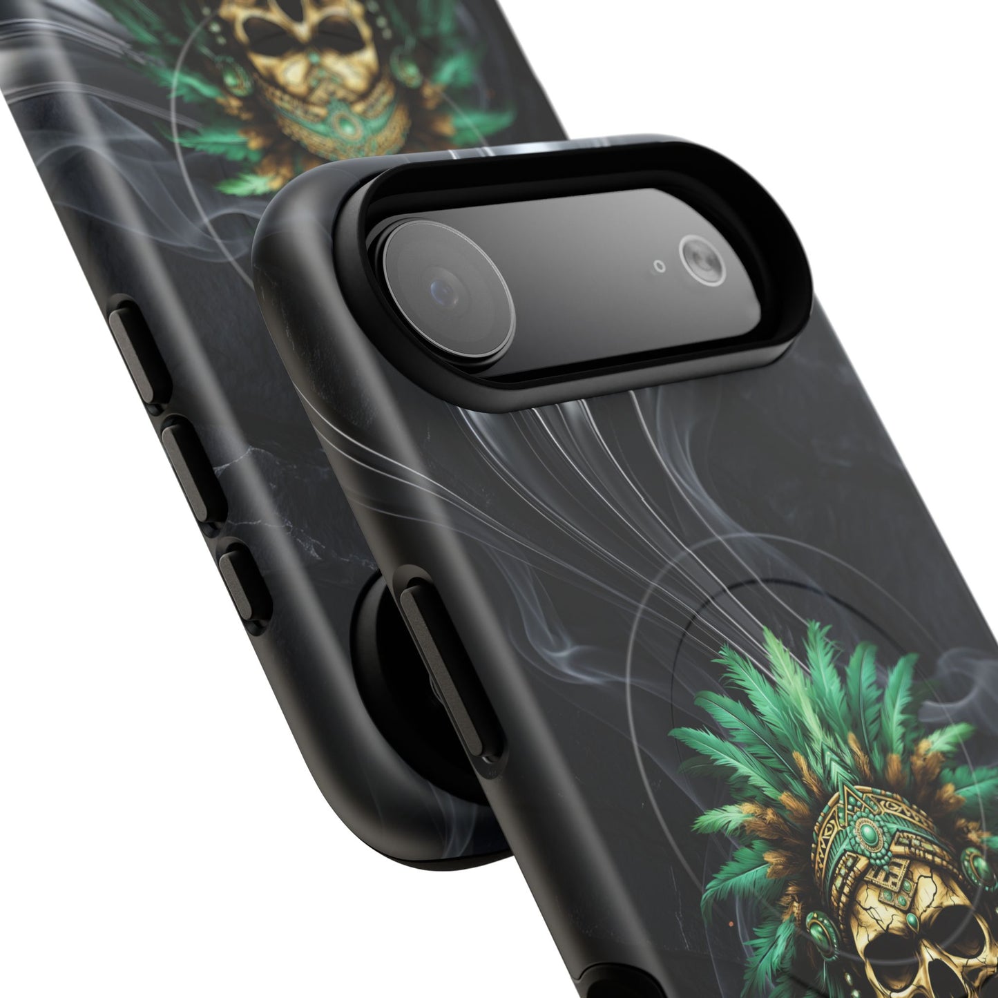 Skull Chief Magnetic Phone Case — Protective Tough iPhone Cover with Green Feather Headdress Design