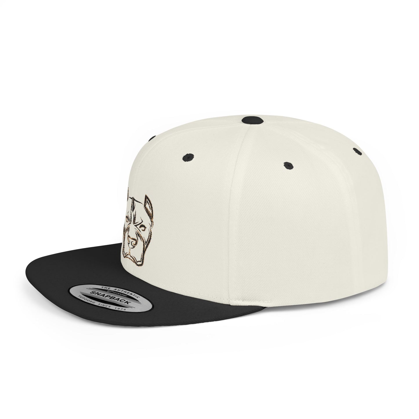 Pitbull Outline Flat Bill Snapback Hat — Minimal Embroidered Dog Face Cap