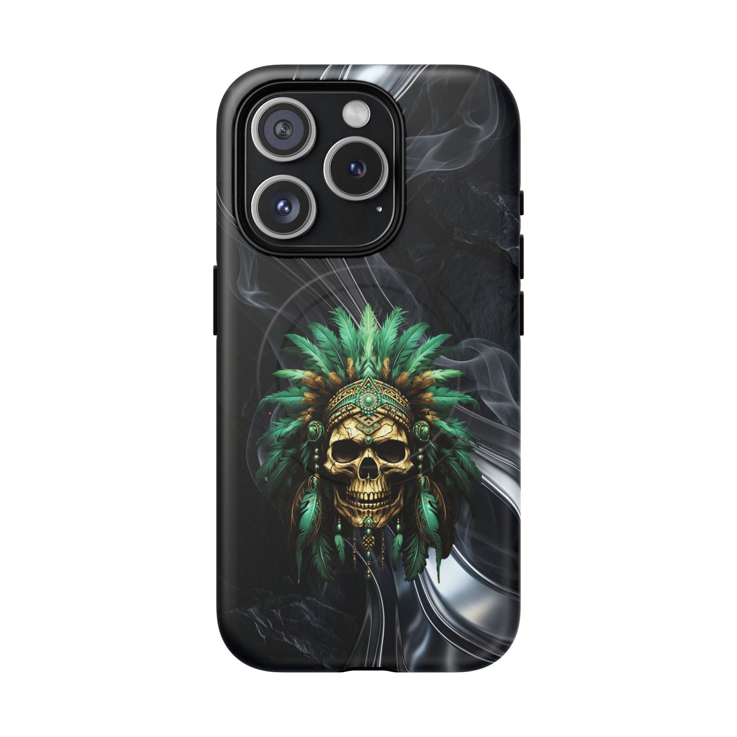 Skull Chief Magnetic Phone Case — Protective Tough iPhone Cover with Green Feather Headdress Design