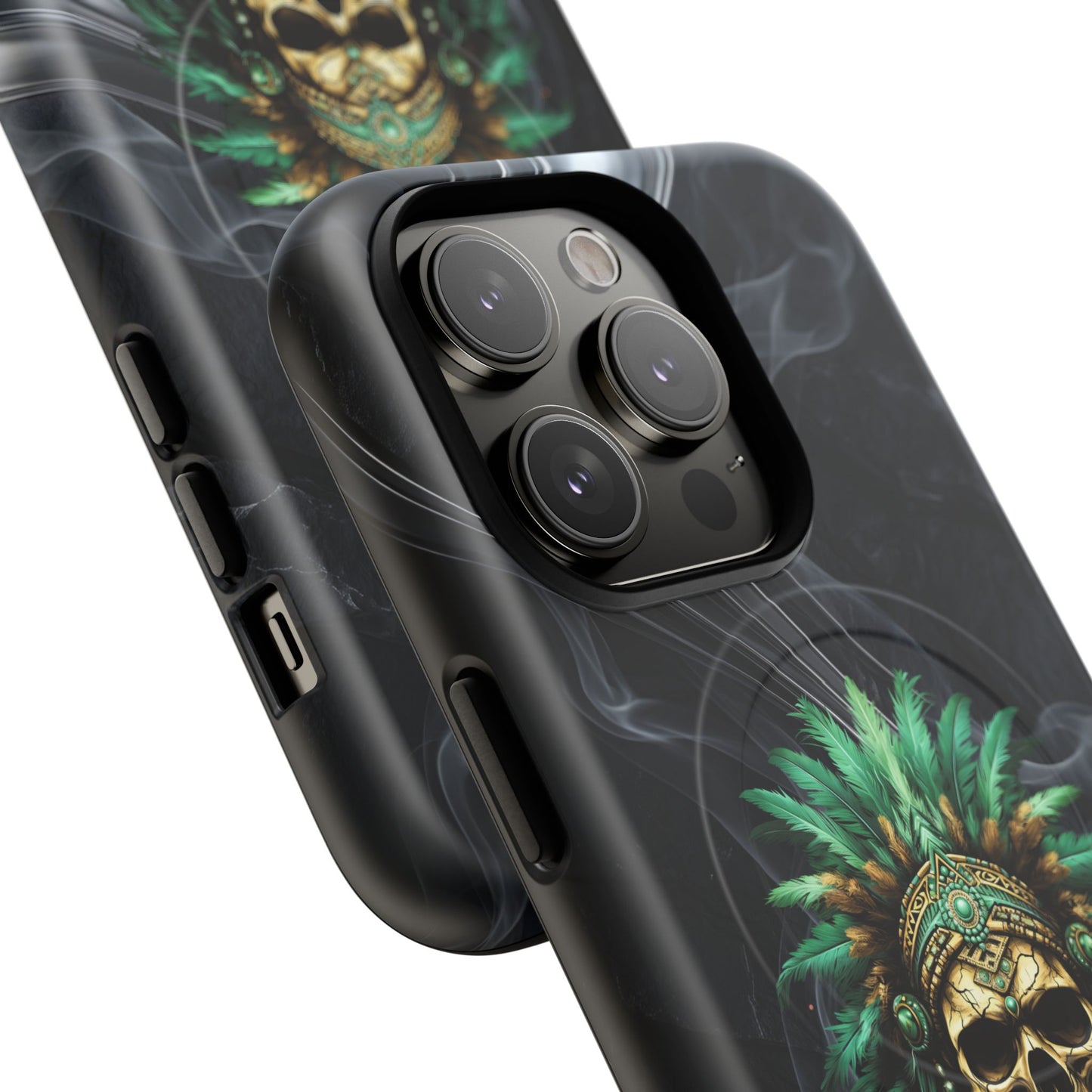 Skull Chief Magnetic Phone Case — Protective Tough iPhone Cover with Green Feather Headdress Design