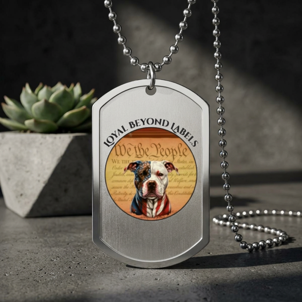 Patriotic Pitbull Dog Tag Necklace — "We the People" Bully and Brave style