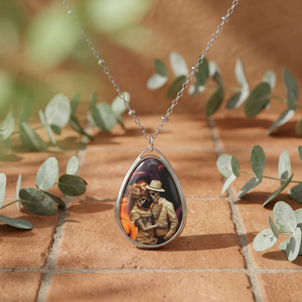 Day of the Dead Couple Oval Necklace — Sugar Skull Romance Pendant