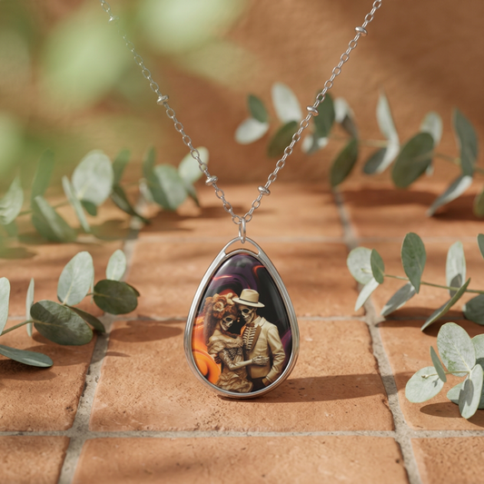 Day of the Dead Couple Oval Necklace — Sugar Skull Romance Pendant