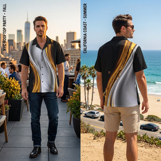 Men's Hawaiian Camp Shirt — Black & Gold Liquid Metal Print