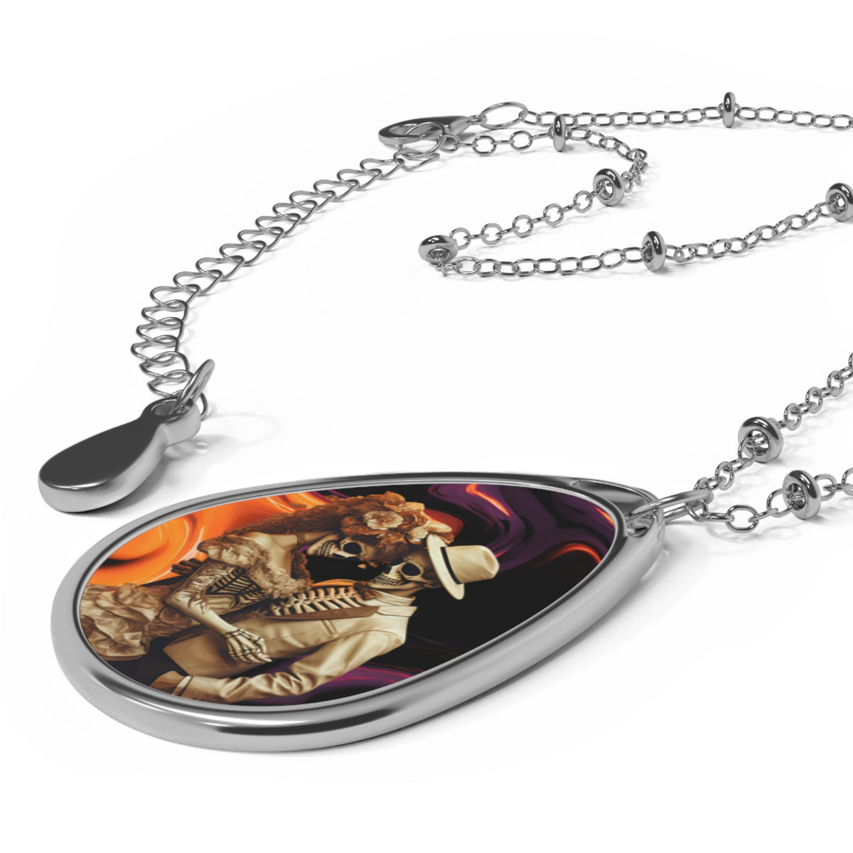 Day of the Dead Couple Oval Necklace — Sugar Skull Romance Pendant